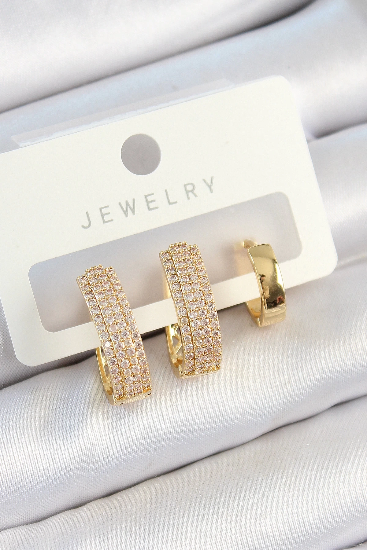 Pirinç Zirkon Taşlı Damla Model Gold Renk 3lü Çift Kadın Küpe Set