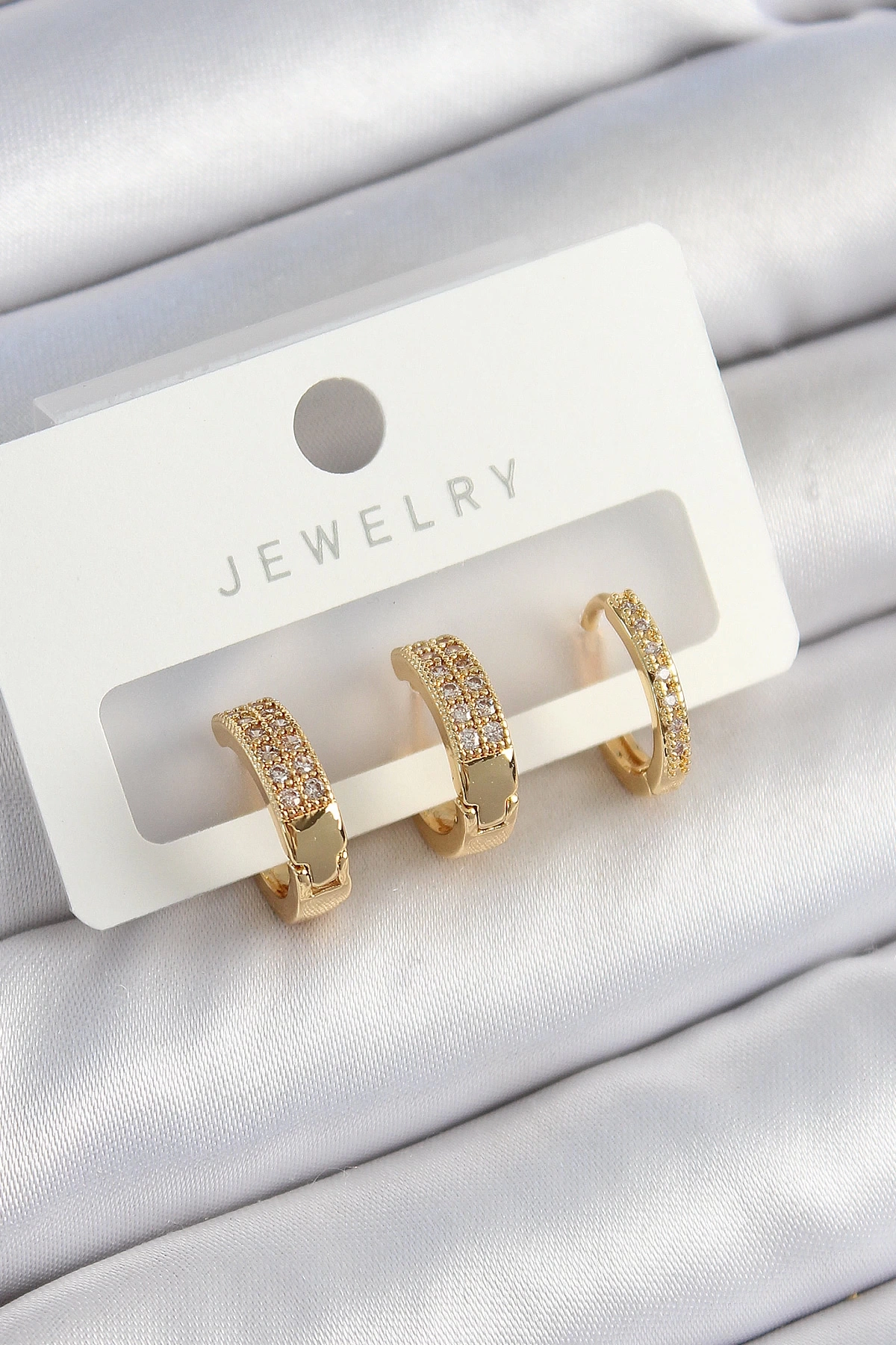 Pirinç Zirkon Taşlı Halka Model Gold Renk 3lü Çift Kadın Küpe Set