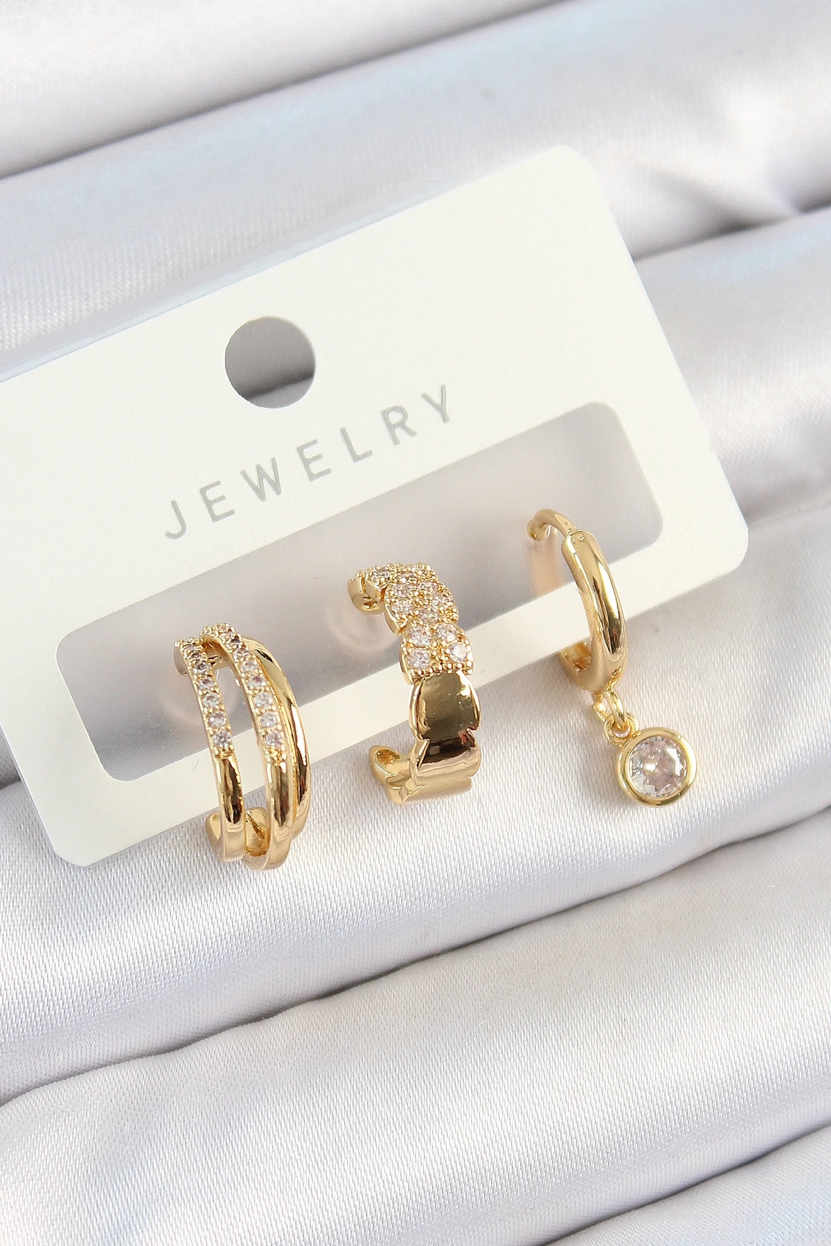 Pirinç Zirkon Taşlı Halka Model Gold Renk 3lü Çift Kadın Küpe Set