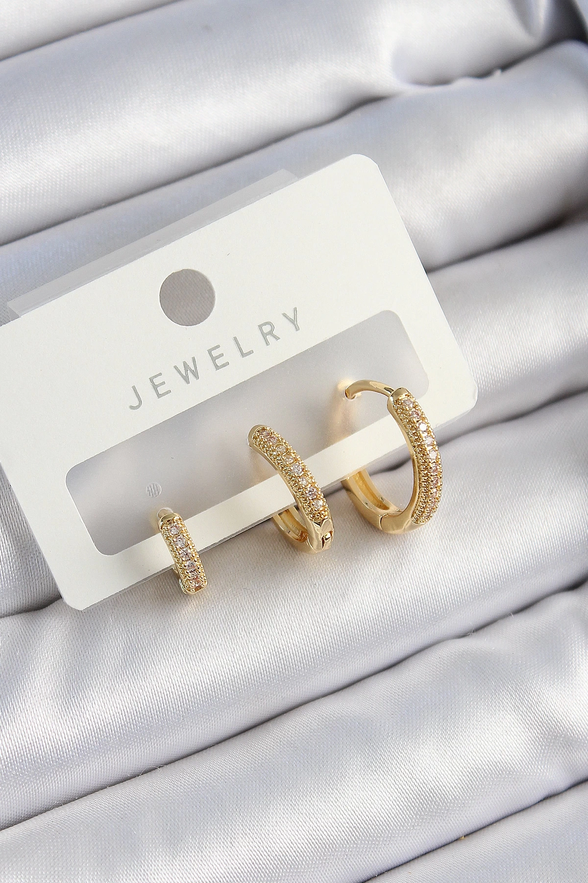 Pirinç Zirkon Taşlı Halka Model Gold Renk 3lü Çift Kadın Küpe Set