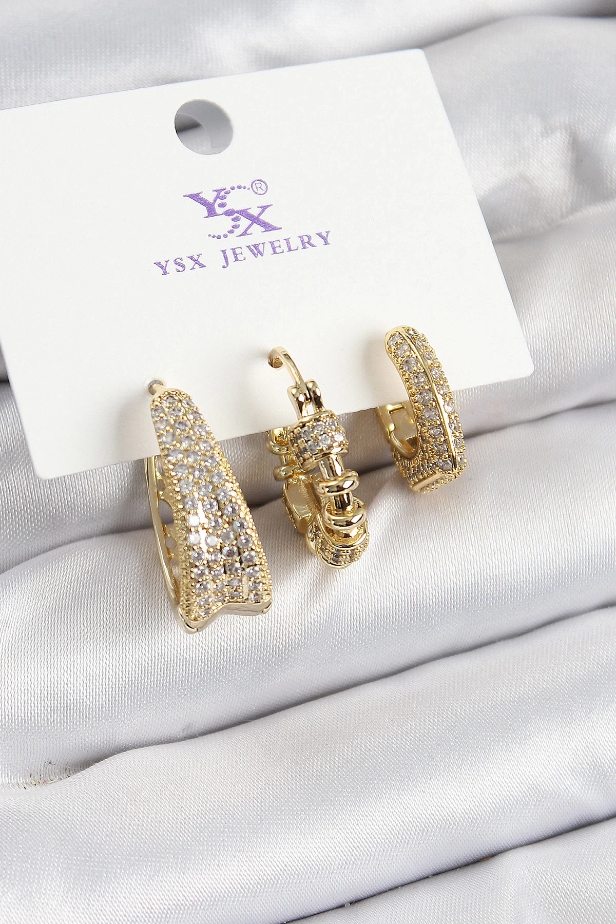 Pirinç Zİrkon Taşlı Halka Model Gold Renk 3lü Kadın Küpe