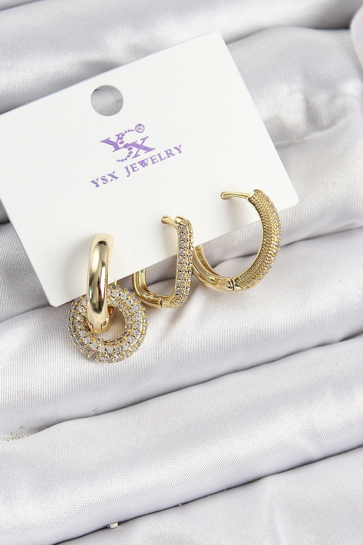 Pirinç Zİrkon Taşlı Halka Model Gold Renk 3lü Kadın Küpe