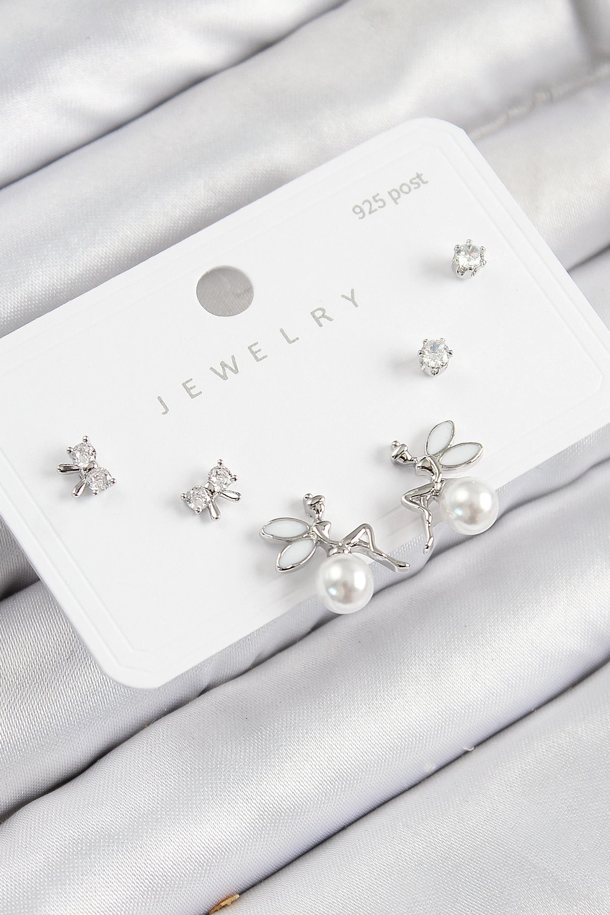 Pirinç Zirkon Taşlı İnci Melek Model Gümüş Renk 925 Ayar Gümüş Çivi Kadın Küpe Set