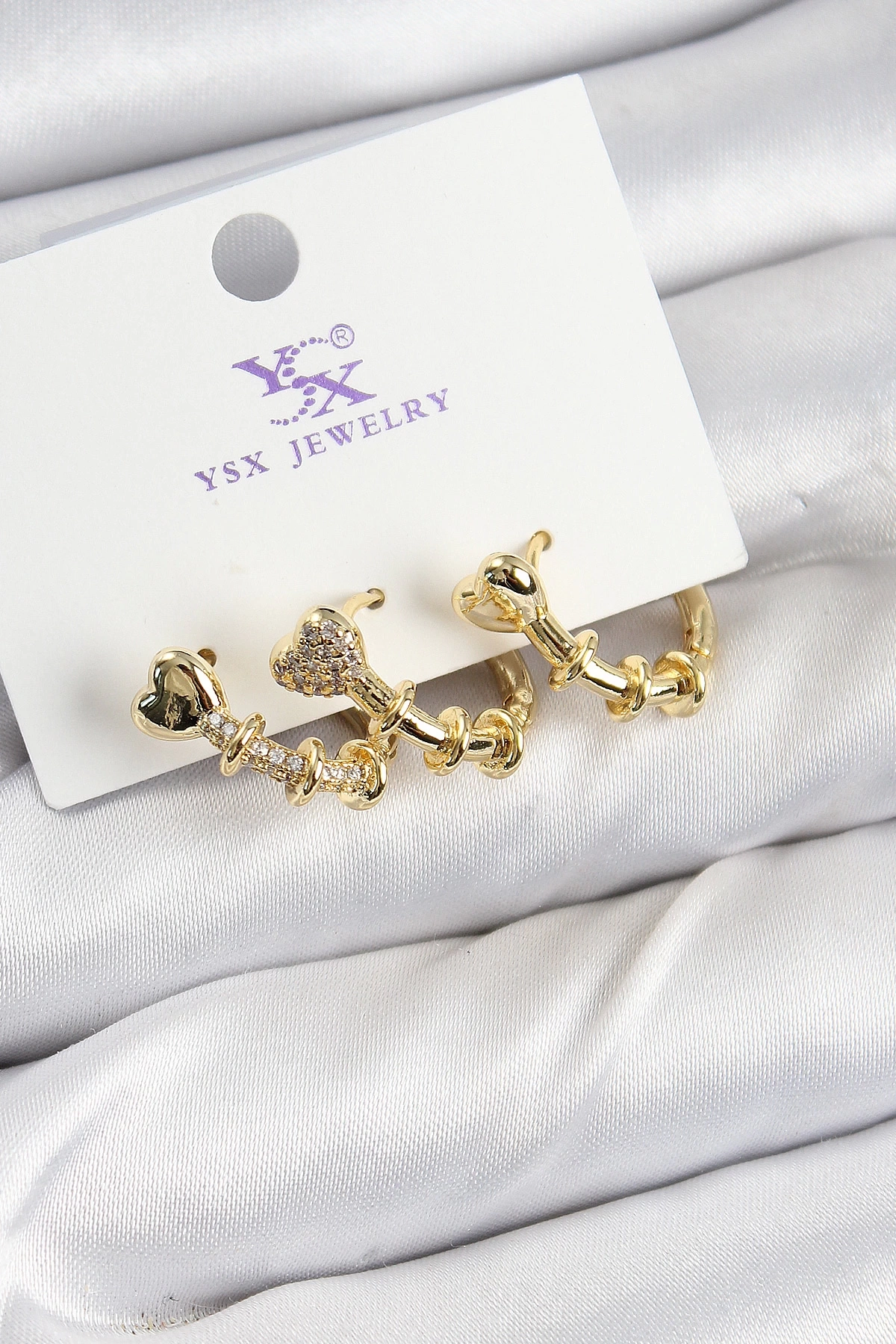Pirinç Zİrkon Taşlı Kalp Model Gold Renk 3lü Kadın Küpe