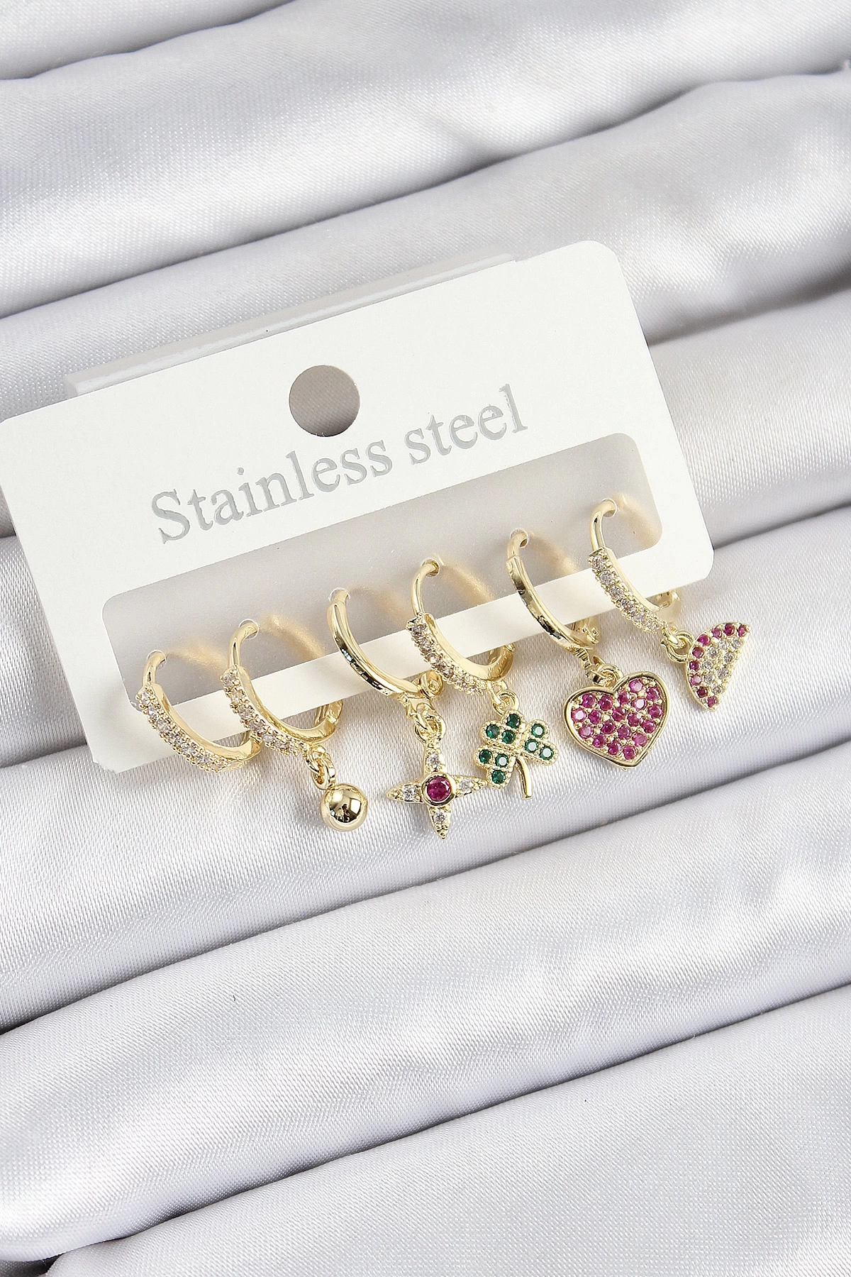 Pirinç Zirkon Taşlı Karpuz Yonca Kalp Pusula Karışık Model Gold Renk 6lı Set Kadın Küpe