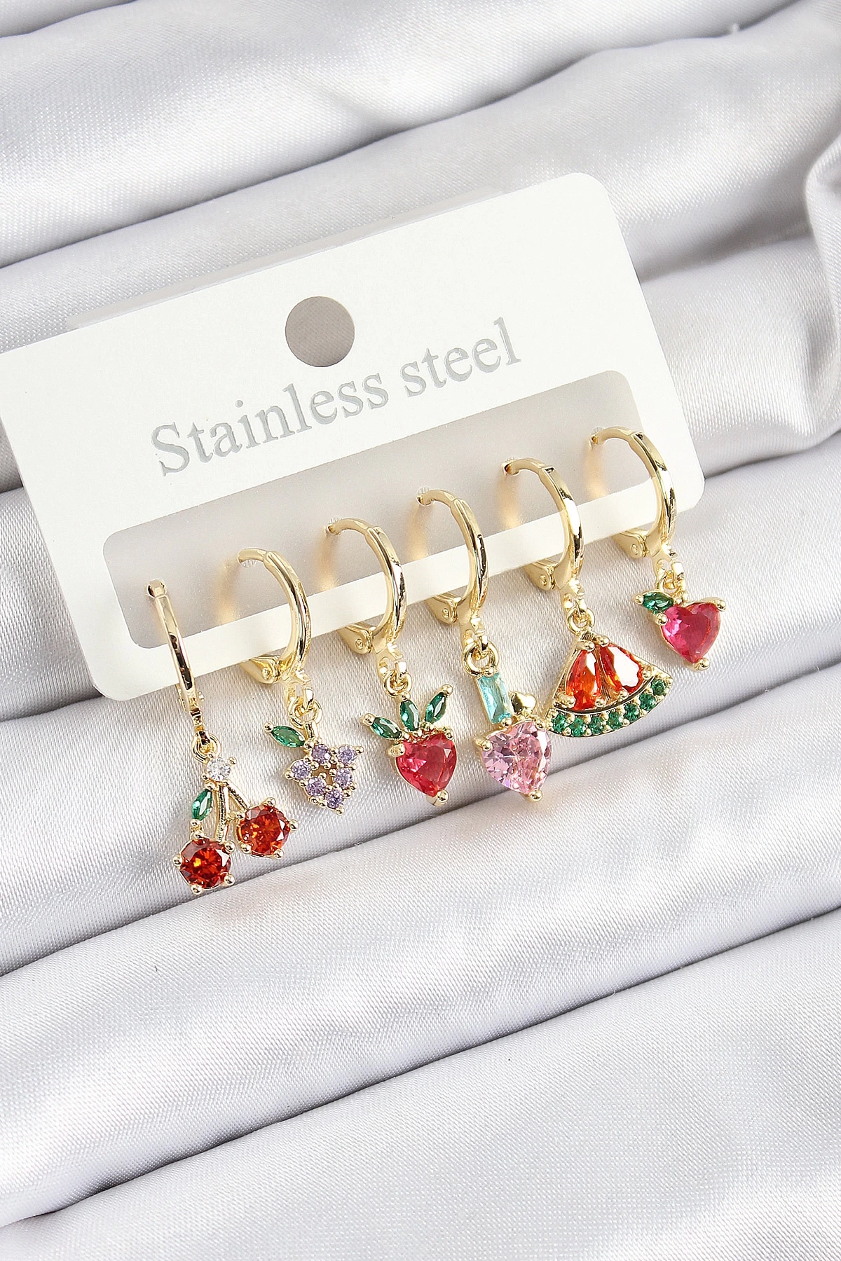 Pirinç Zirkon Taşlı Meyve Temalı Karışık Model Gold Renk 6lı Set Kadın Küpe