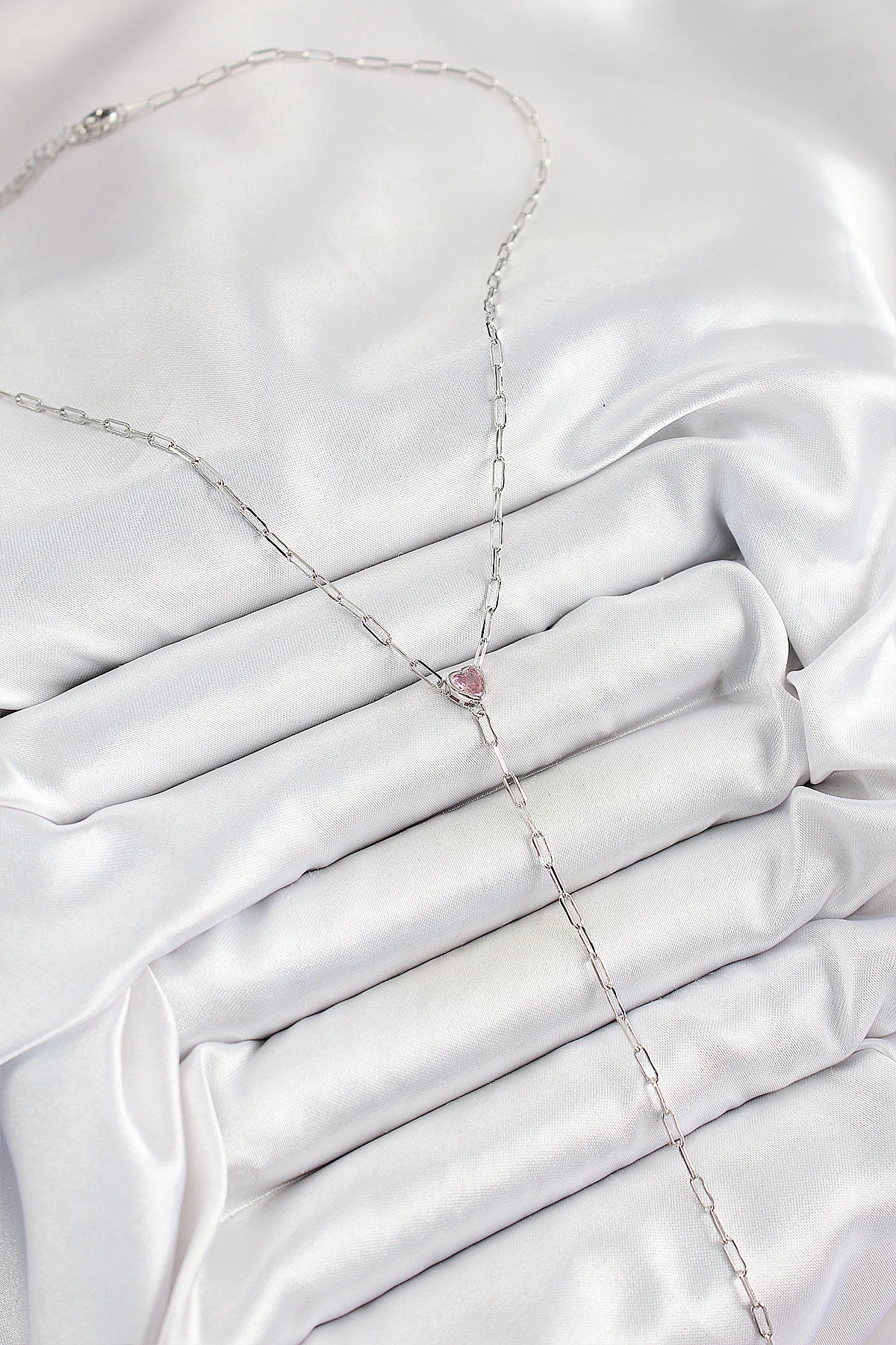 Pirinç Zirkon Taşlı Pembe Kalp Figürlü Y Model Gümüş Renk Kadın Kolye