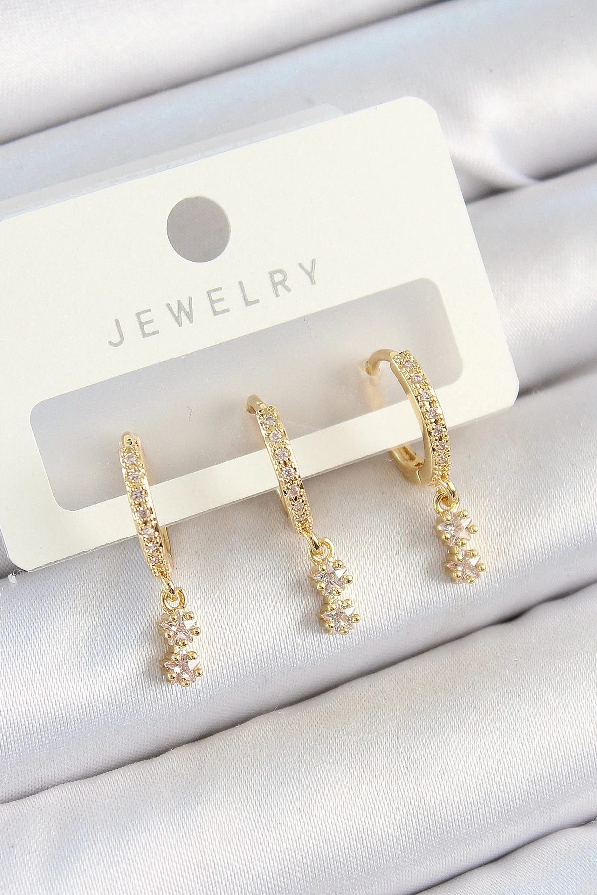 Pirinç Zirkon Taşlı Sallantılı Yıldız Model Gold Renk 3lü Çift Kadın Küpe Set