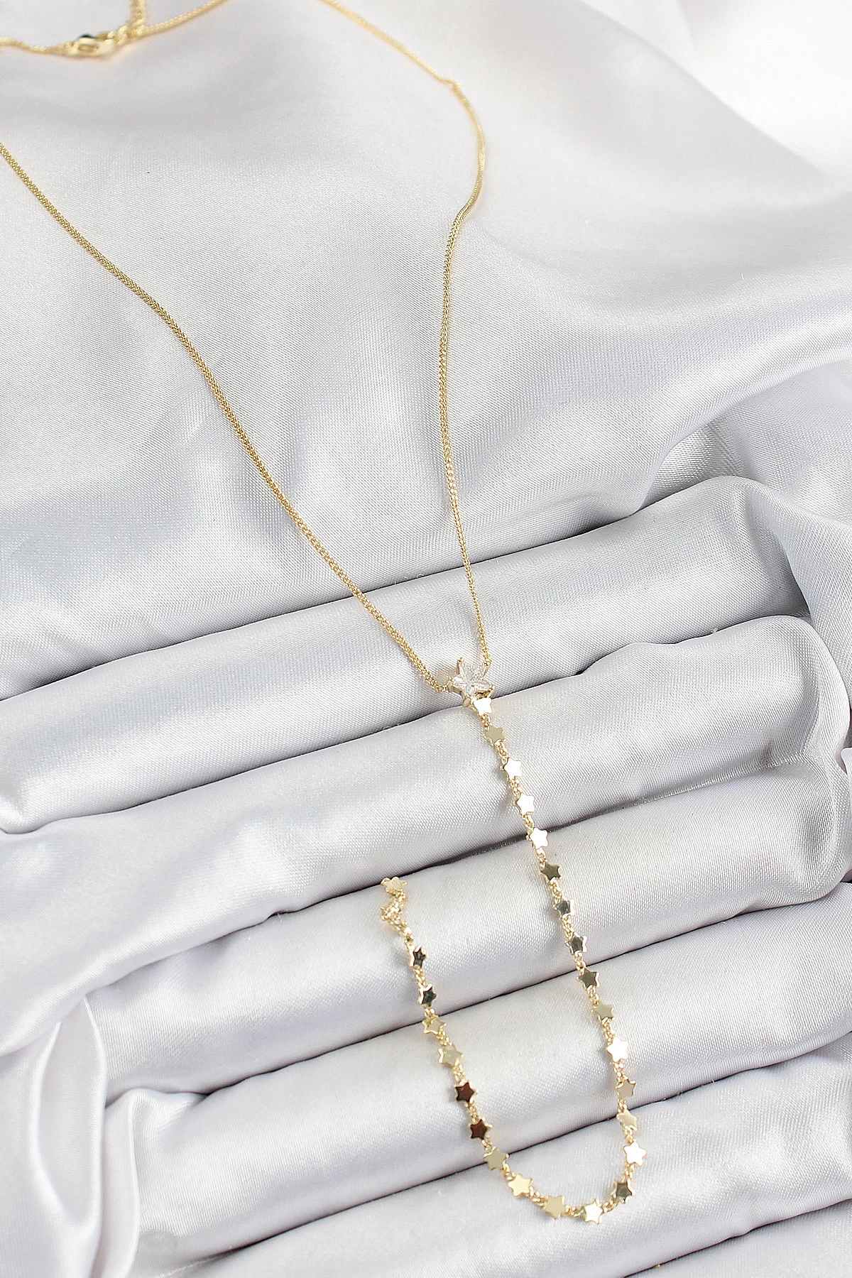 Pirinç Zirkon Taşlı Yıldız Figürlü Y Model Gold Renk Kadın Kolye