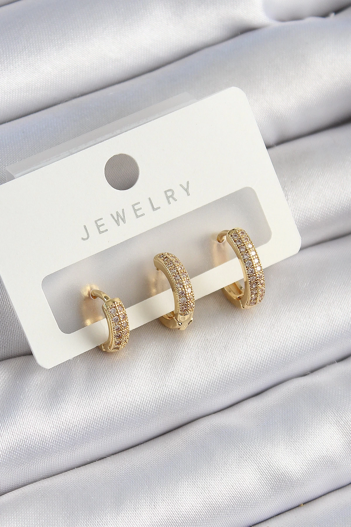 Pirinç Zirkon Taşlı Yıldız Model Gold Renk 3lü Çift Kadın Küpe Set