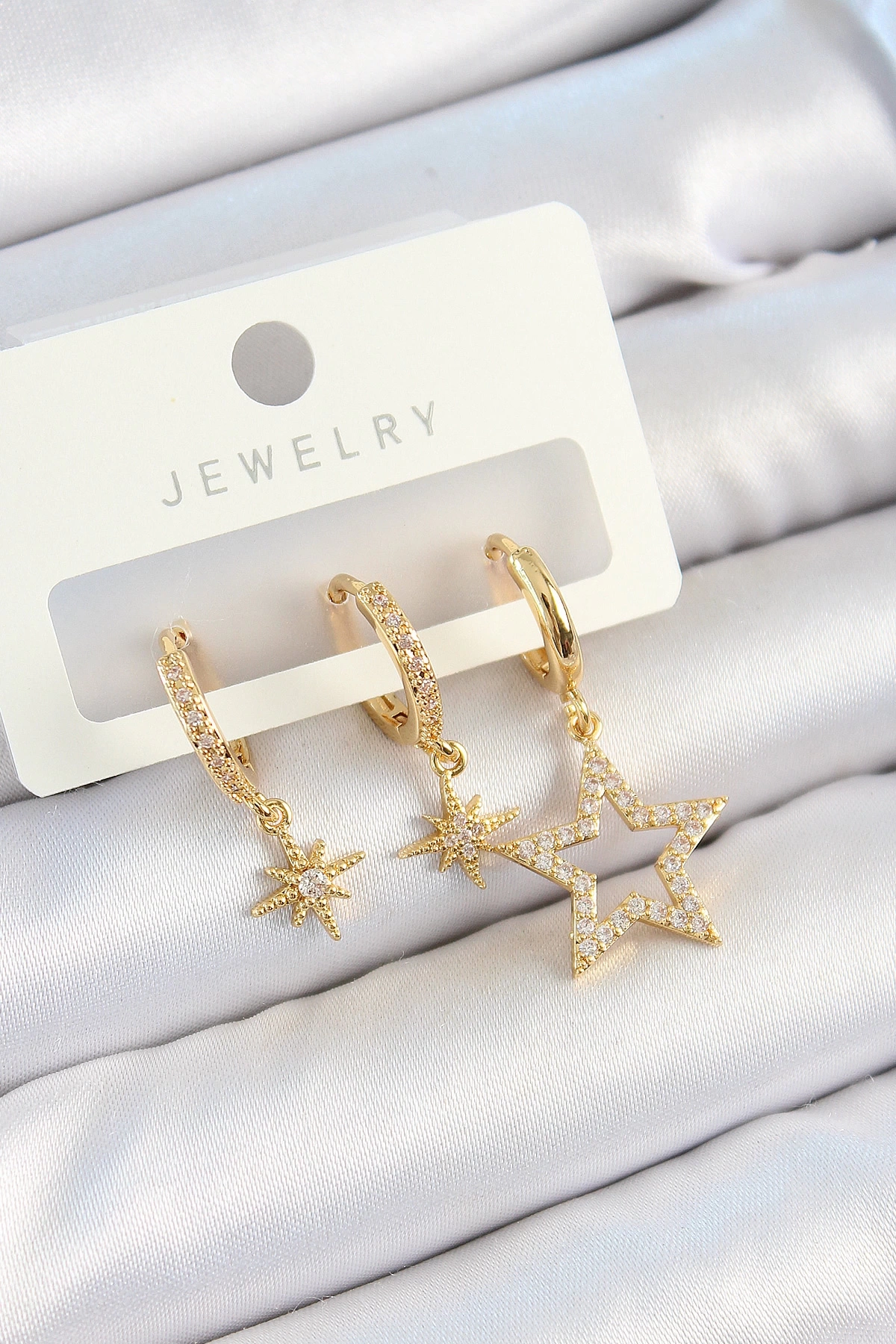 Pirinç Zirkon Taşlı Yıldız Model Gold Renk 3lü Çift Kadın Küpe Set