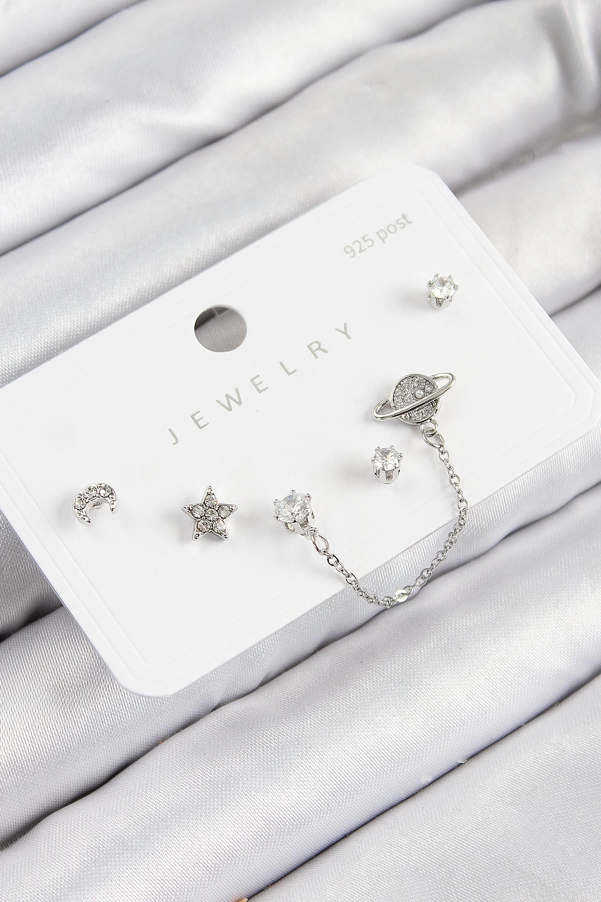 Pirinç Zirkon Taşlı Yıldız Ve Gezegen Model Gümüş Renk 925 Ayar Gümüş Çivi Kadın Küpe Set
