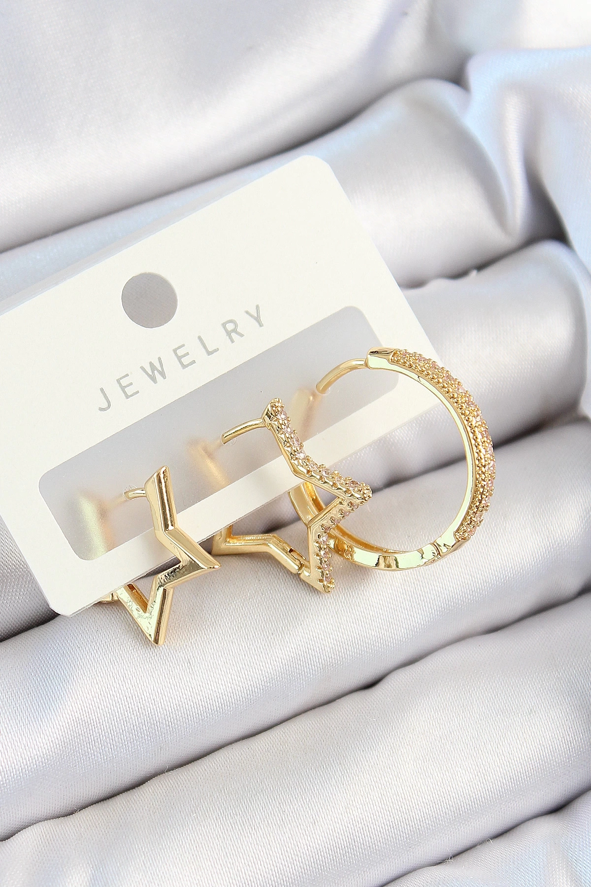 Pirinç Zirkon Taşlı Yıldız Ve Halka Model Gold Renk 3lü Çift Kadın Küpe Set