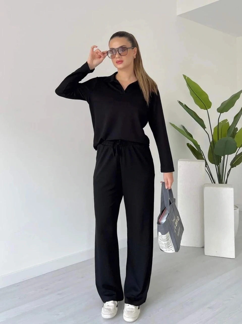 Polo yaka alt üst kollu modal takım siyah pt