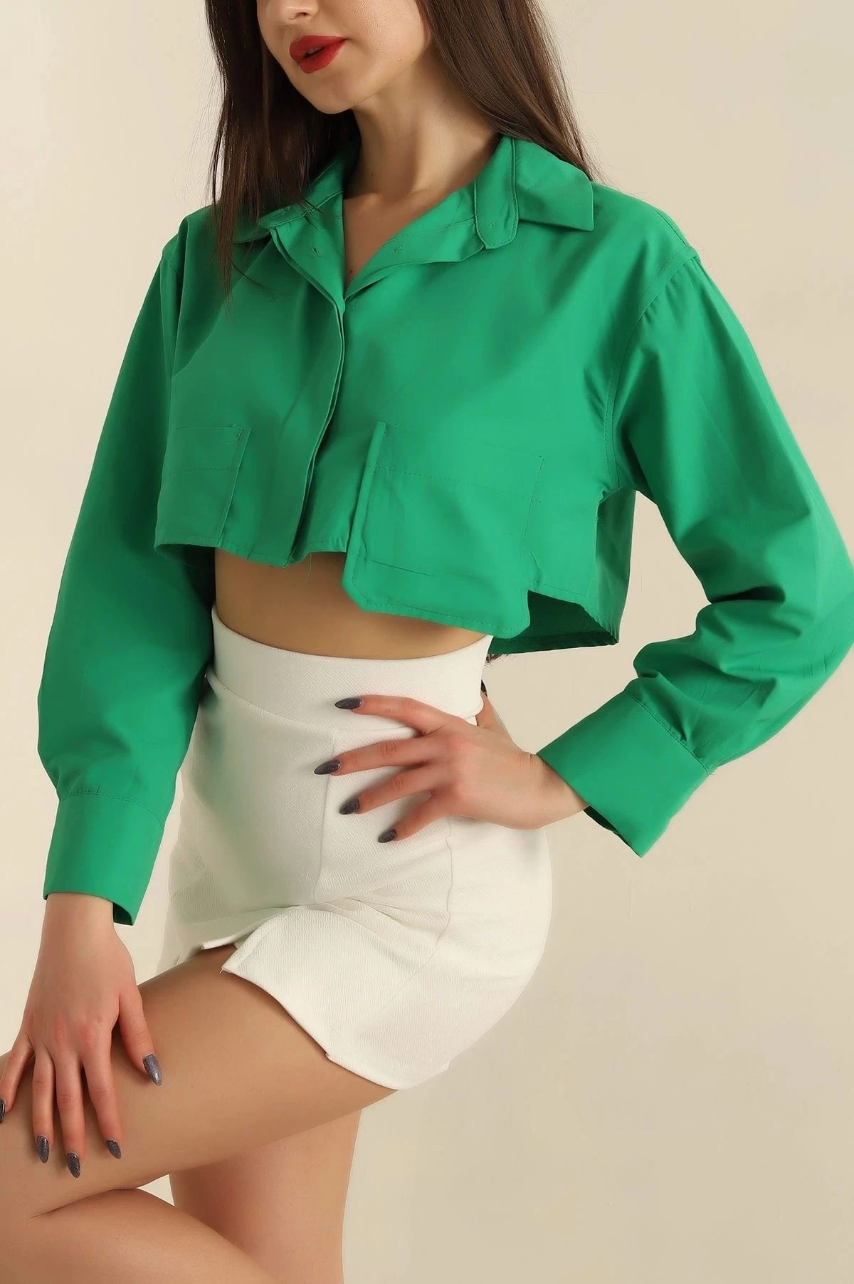 Poplin crop gömlek yeşil s3060