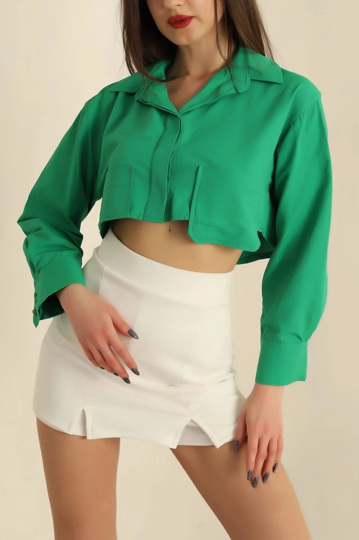 Poplin crop gömlek yeşil s3060