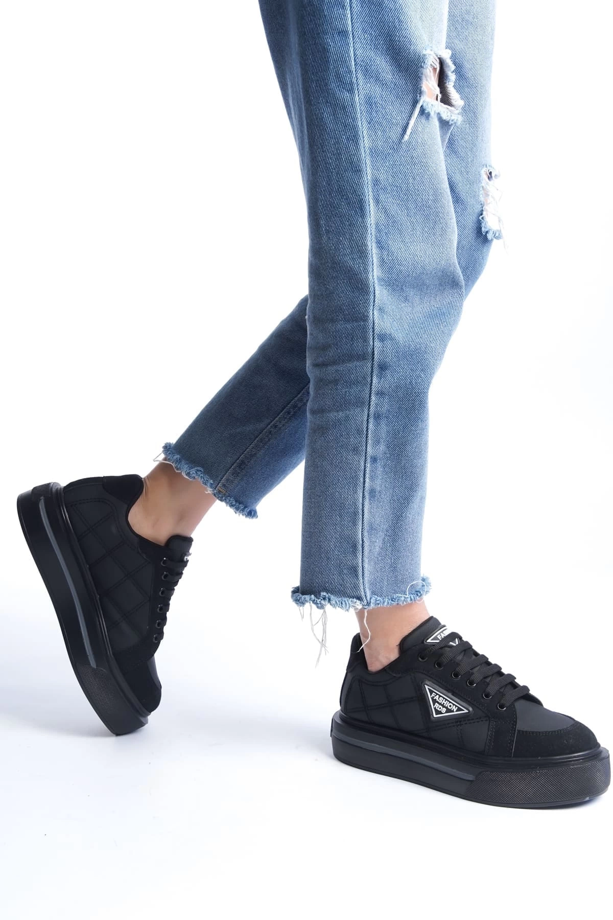 PRAG Bağcıklı Ortopedik Taban Desenli Kadın Sneaker Spor Ayakkabı  ST - Siyah