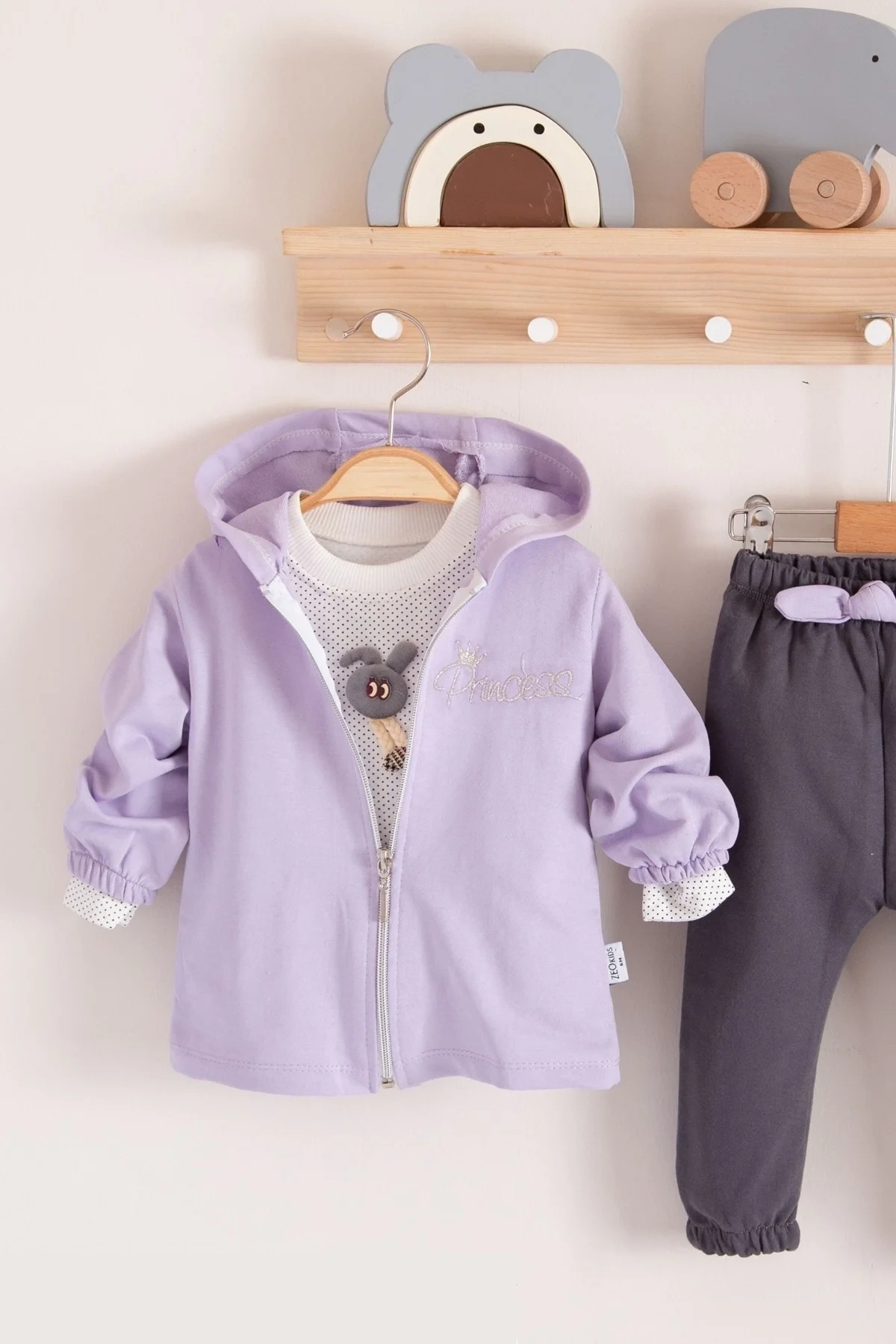 Prences Nakışlı Kapişonlu 3lü % 100 Pamuk Kız Bebek Takımı