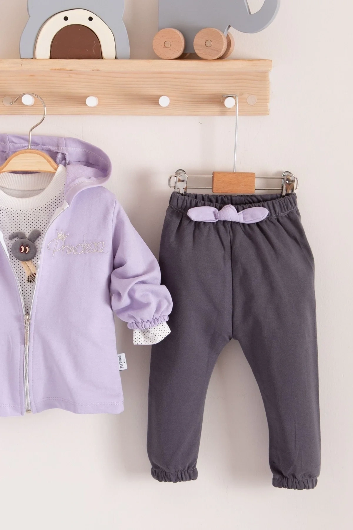 Prences Nakışlı Kapişonlu 3lü % 100 Pamuk Kız Bebek Takımı