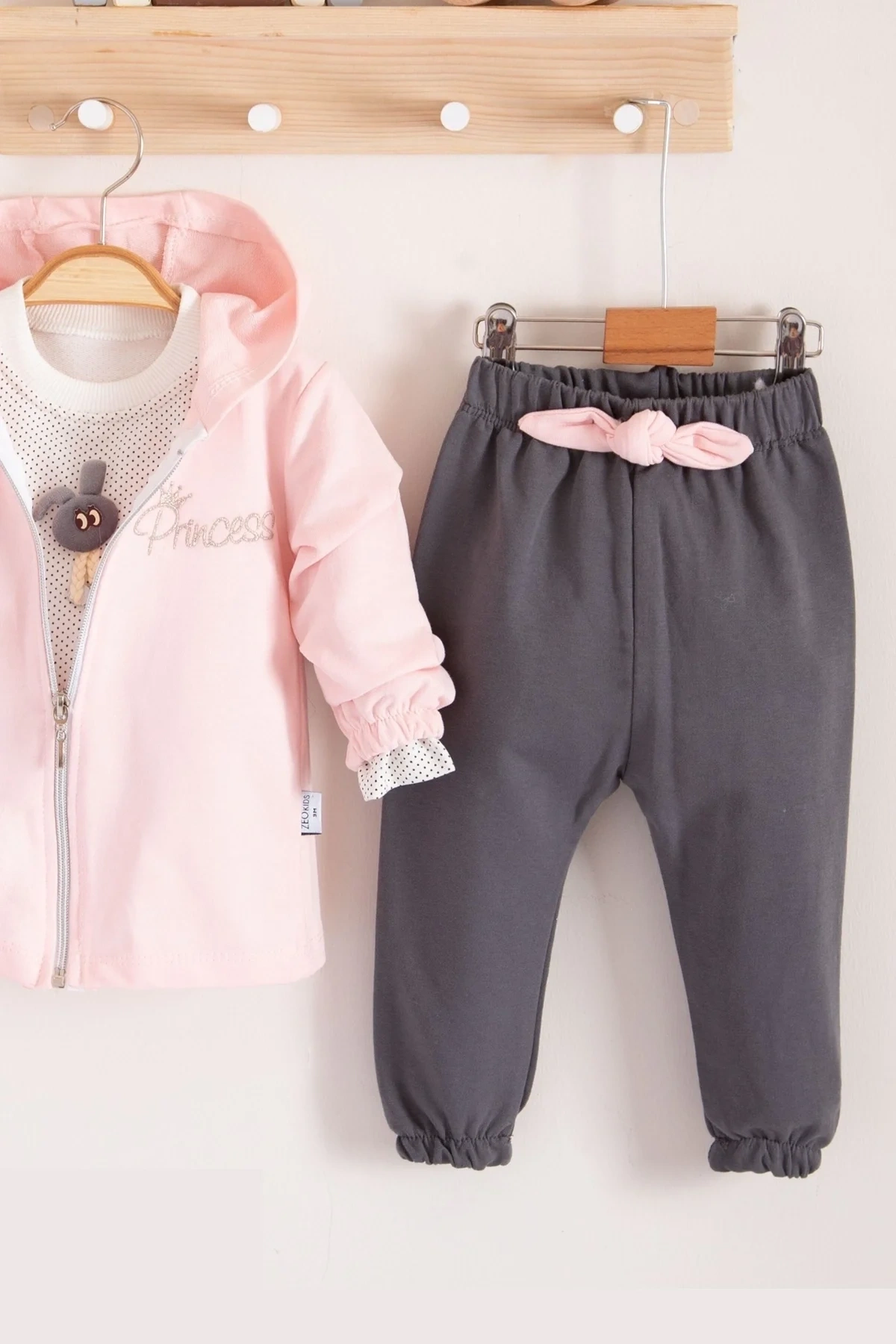 Prences Nakışlı Kapişonlu 3lü % 100 Pamuk Kız Bebek Takımı