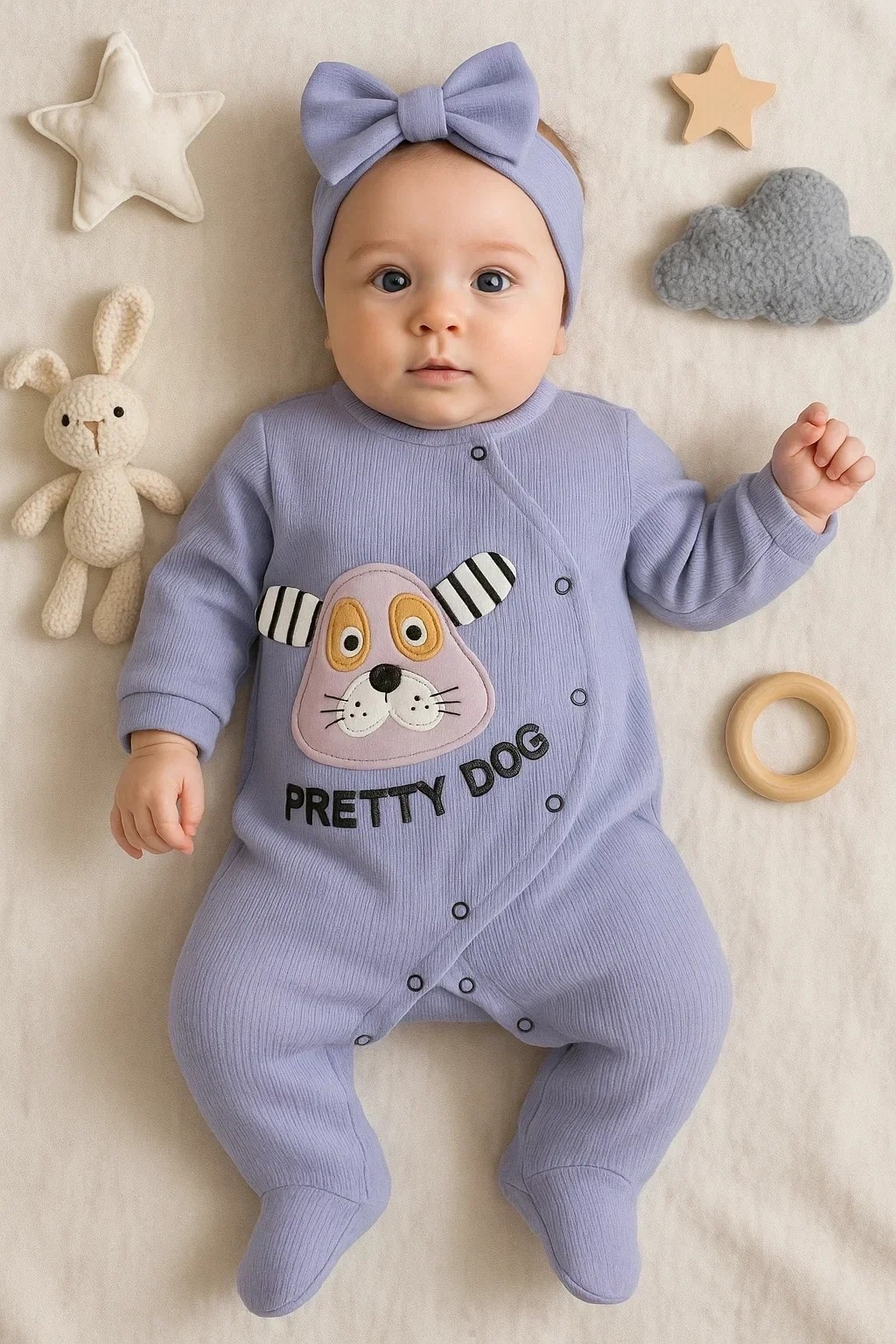 Pretty Dog Nakışlı Bandanalı % 100 Pamuk Kız Bebek Tulumu