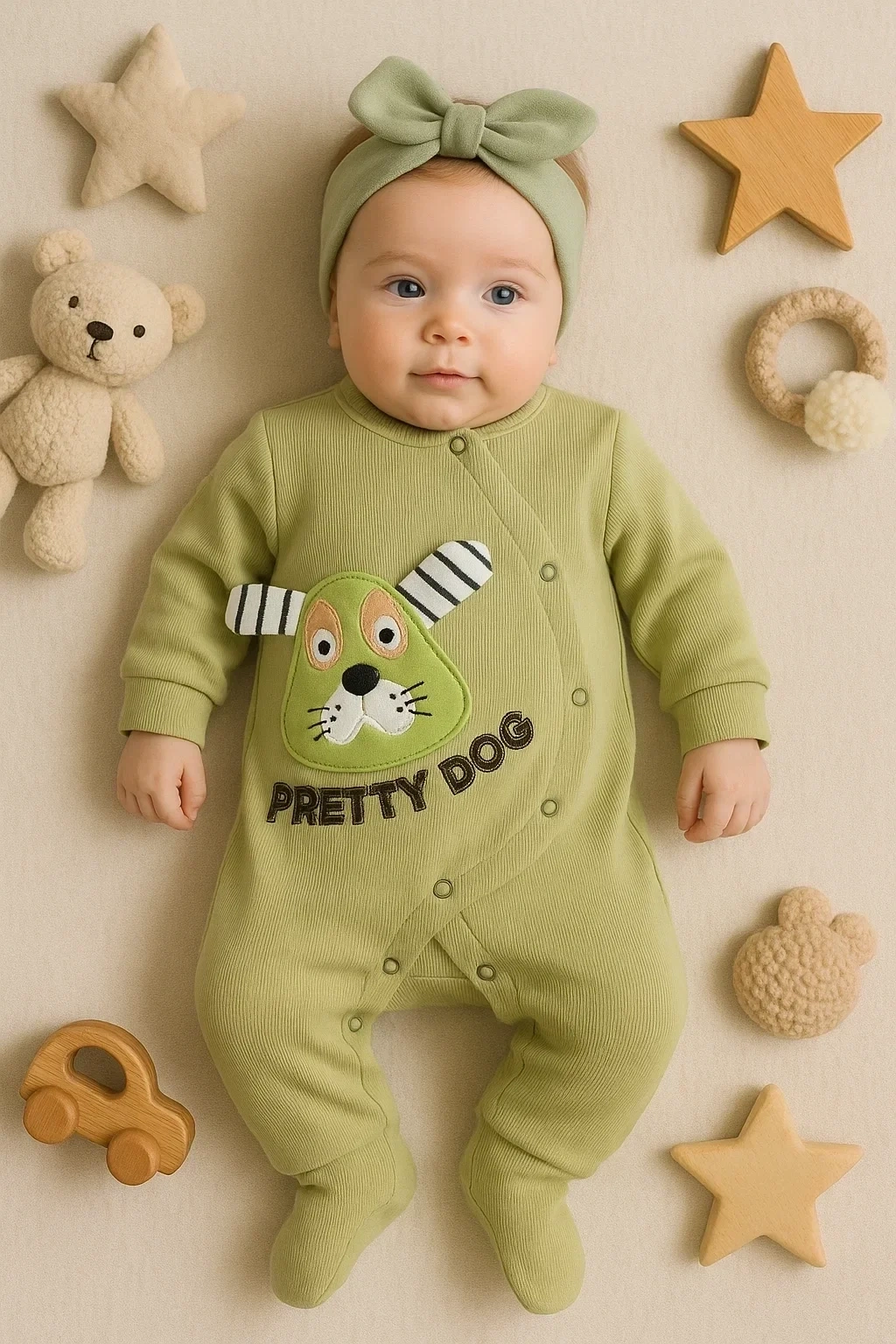 Pretty Dog Nakışlı Bandanalı % 100 Pamuk Kız Bebek Tulumu