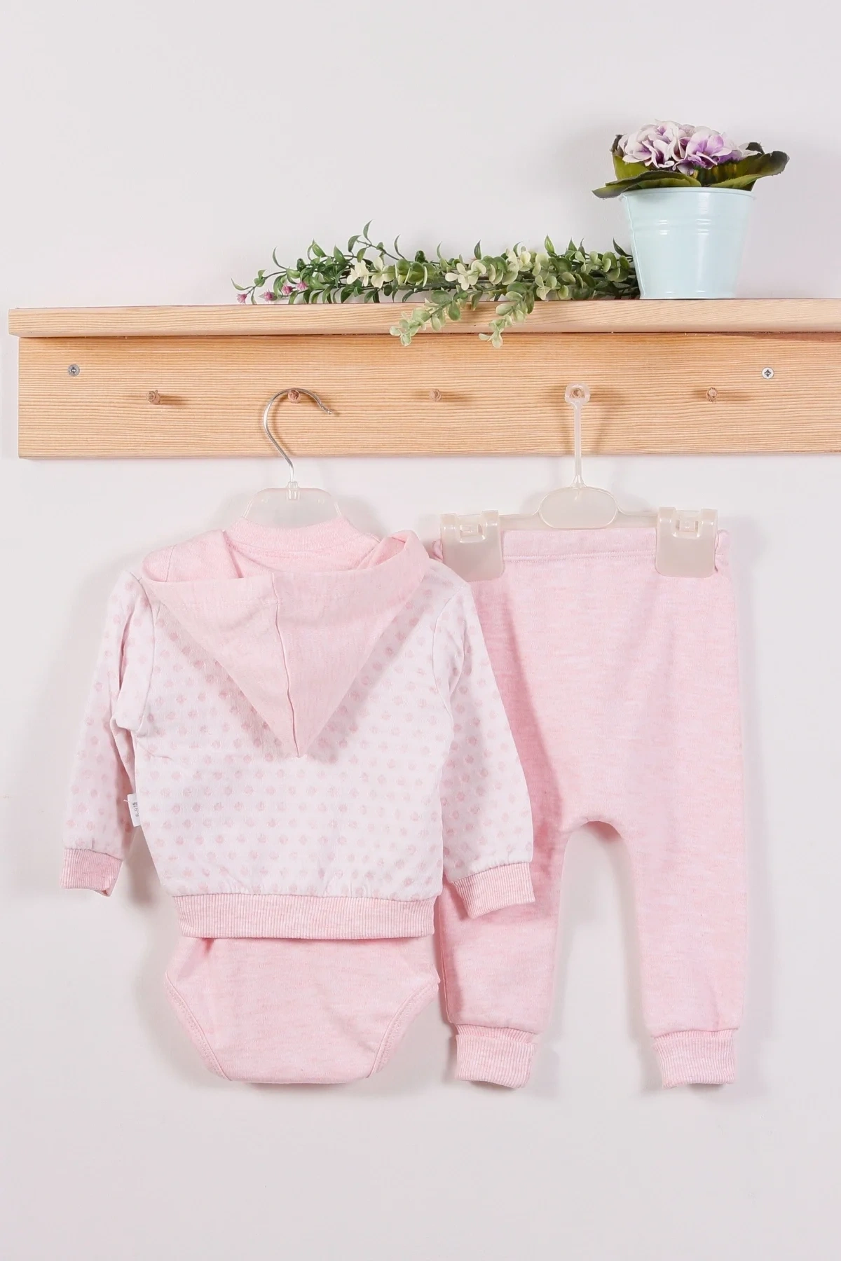 Puan Desenli Kapişonlu % 100 Pamuk 3lü Kız Bebek Takım