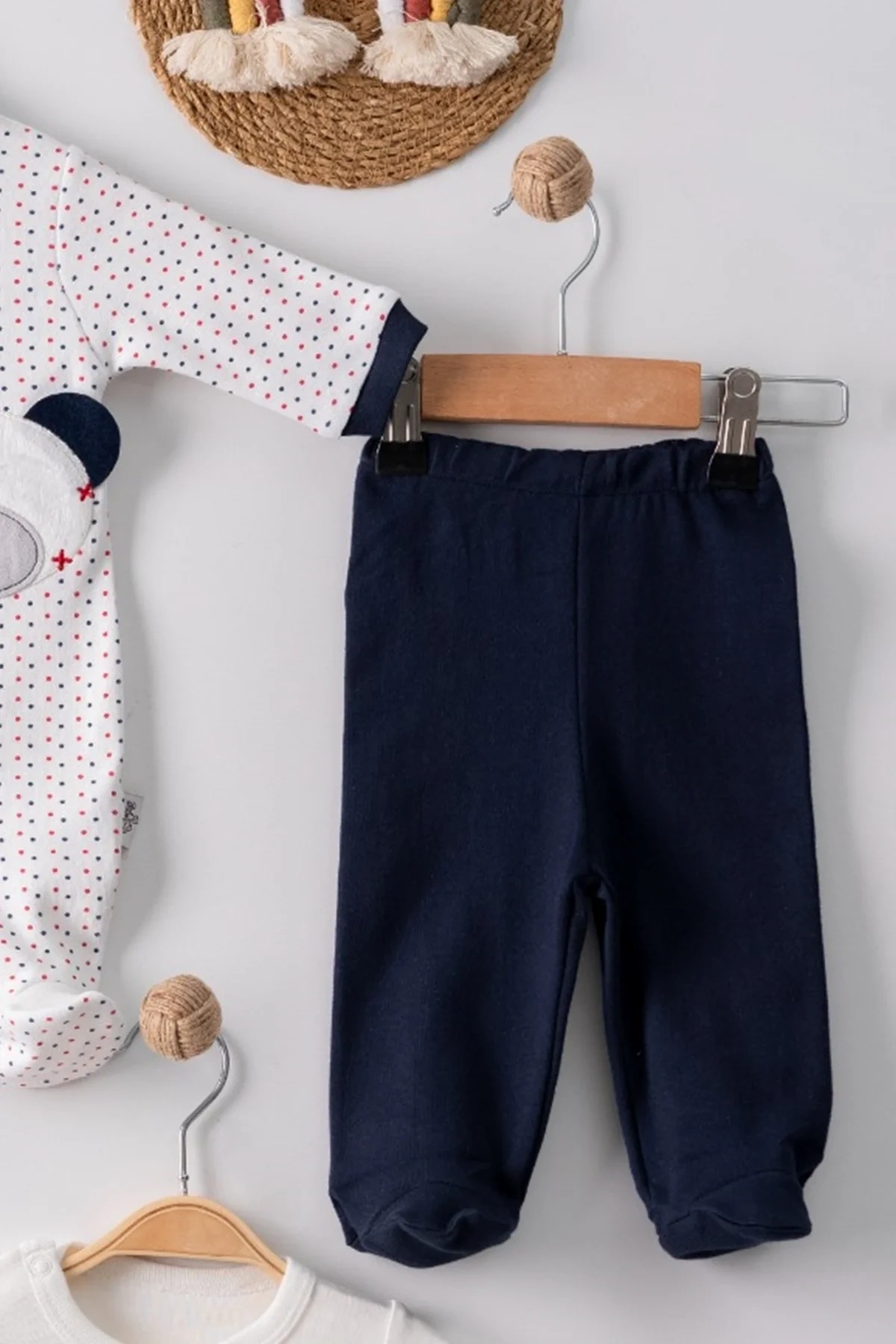 Puanlı Ayıcık Nakışlı Tulumlu % 100 Pamuk Erkek Bebek 5li Set