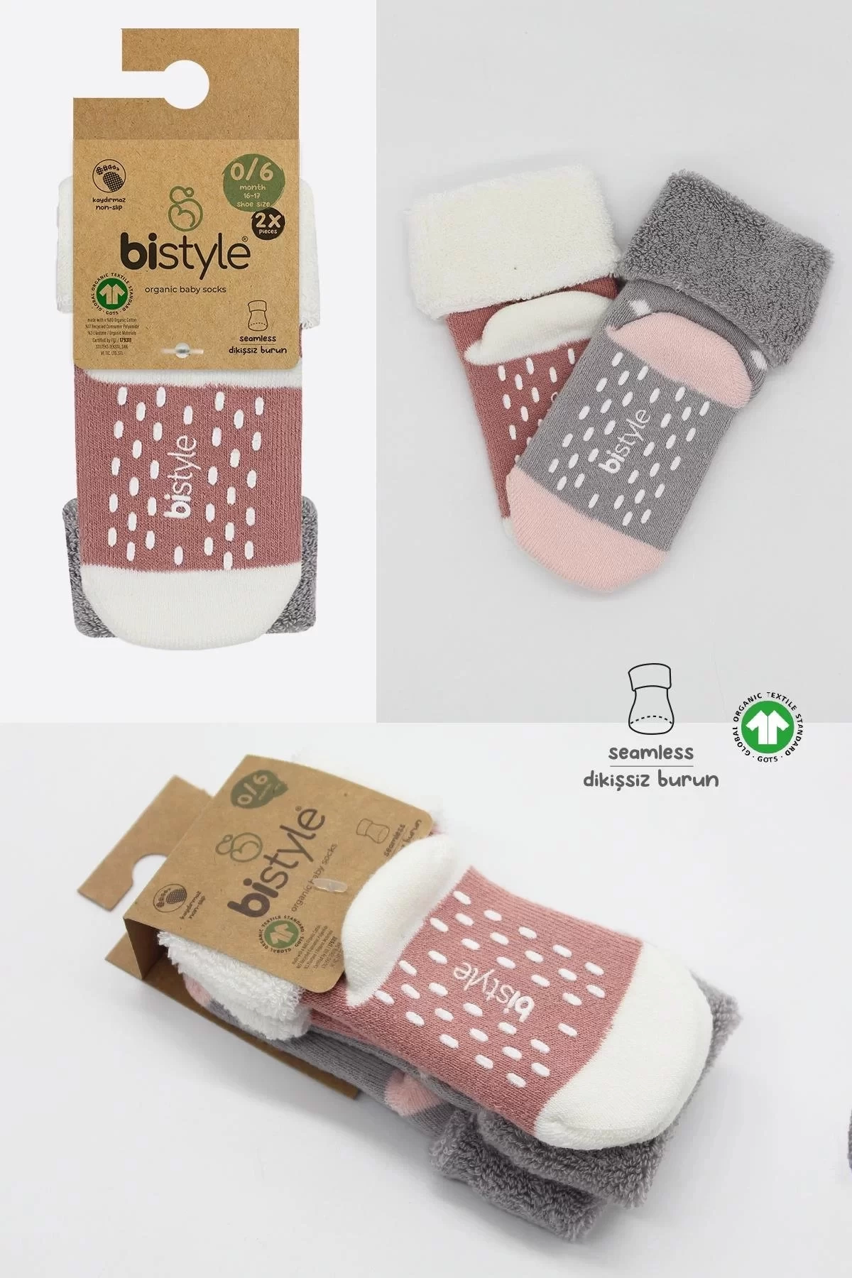 Puanlı Kaymaz Havlu Soket Çorap 2li  Gri Pudra