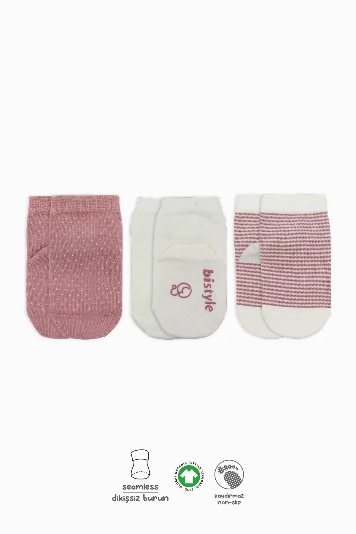 Puanlı Kaymaz Penye Soket Çorap 3lü Bs10108 Pudra