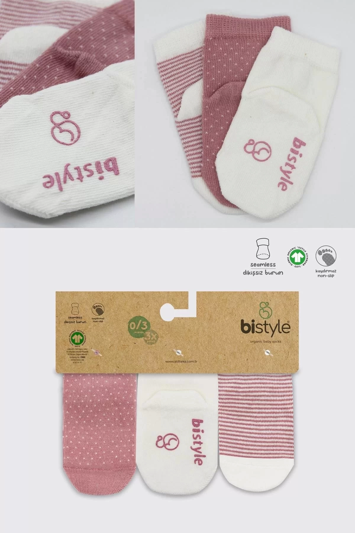 Puanlı Kaymaz Penye Soket Çorap 3lü Bs10108 Pudra
