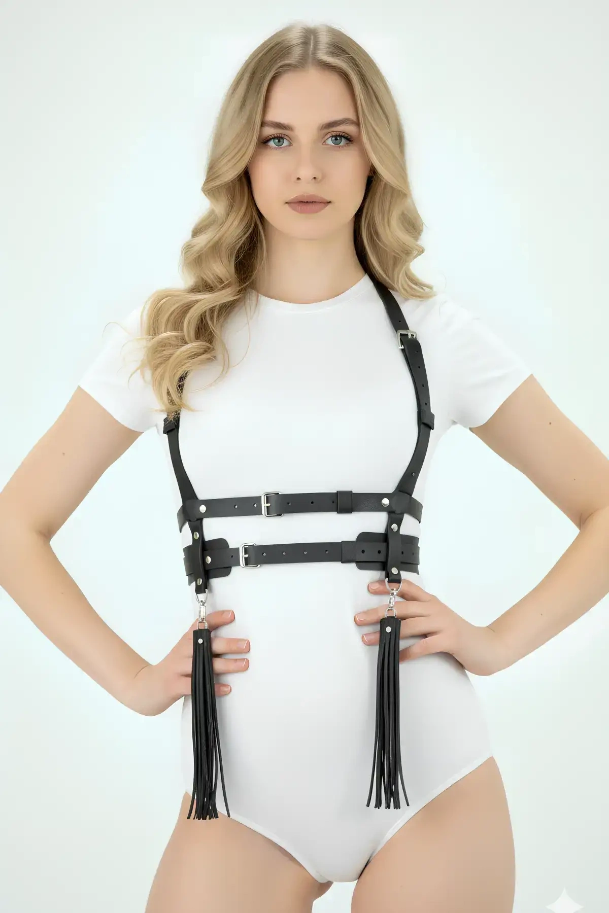 Püskül Detaylı Omuzdan Askılı Elbise Üzeri Şık Deri Bel Korse Kemer Brf638