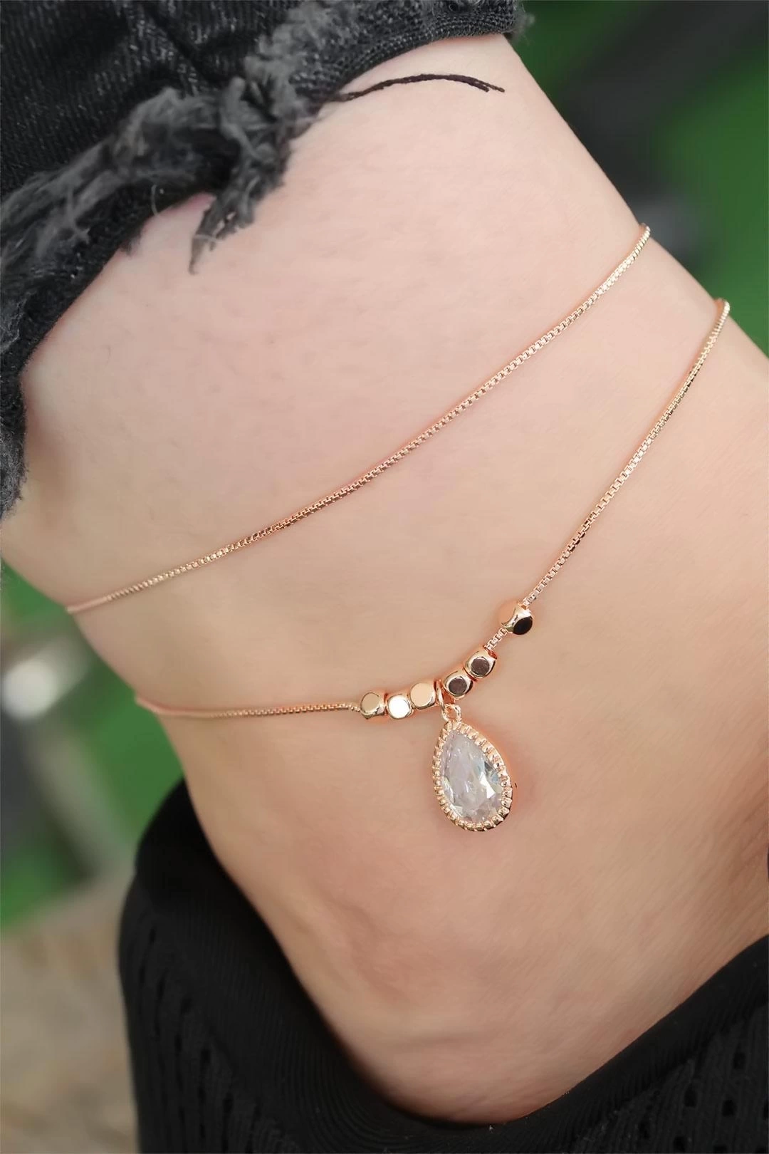 Rose Gold Renk Zirkon Damla Taşlı Halhal