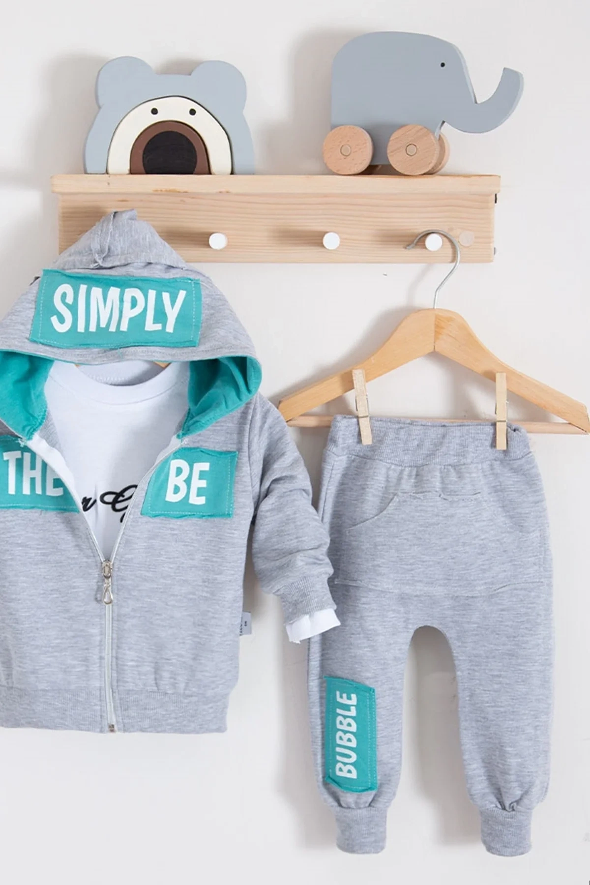 Simply Desenli Kapişonlu 3lü Erkek Bebek Takımı