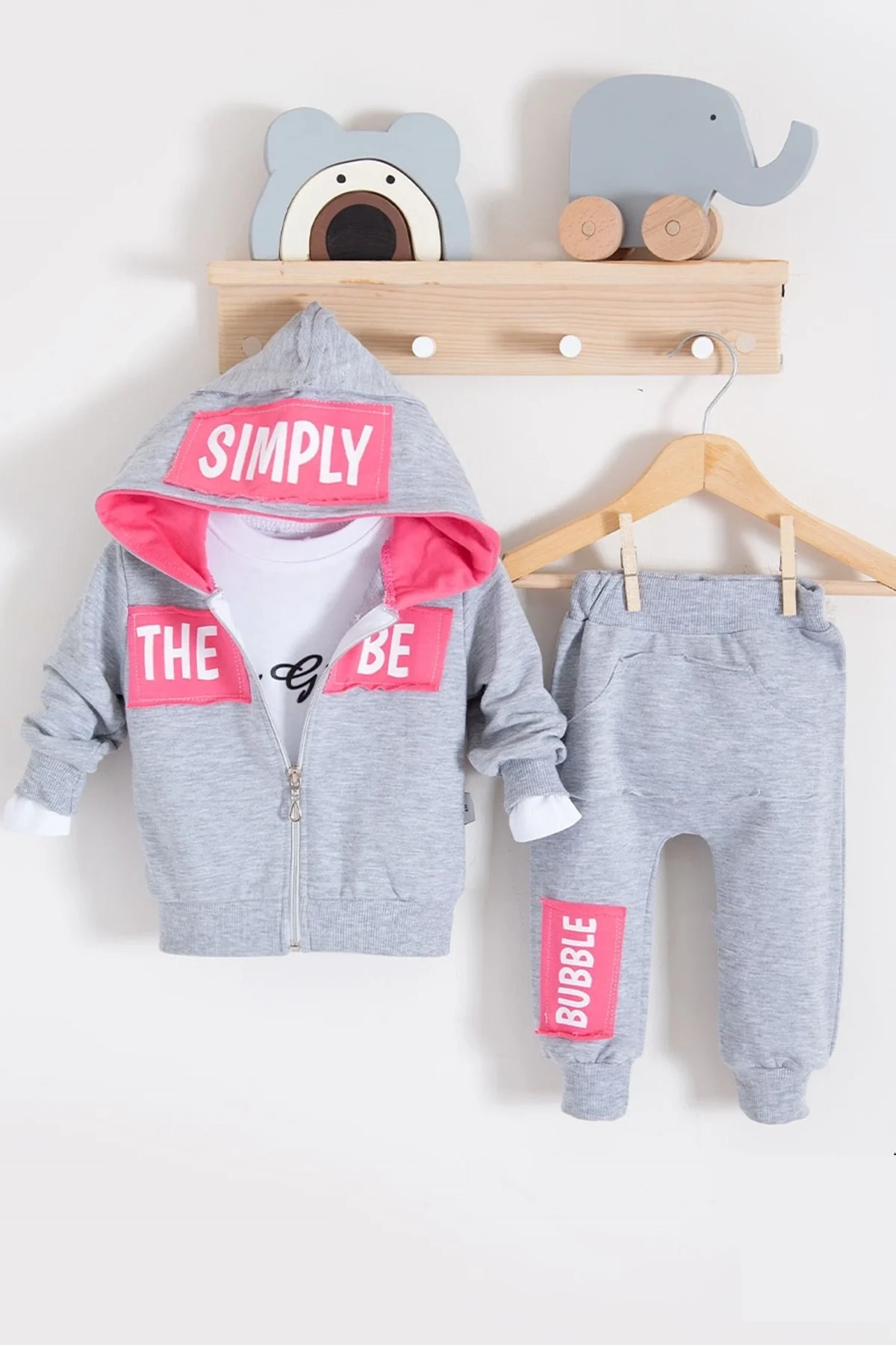 Simply Desenli Kapişonlu 3lü Kız Bebek Takımı