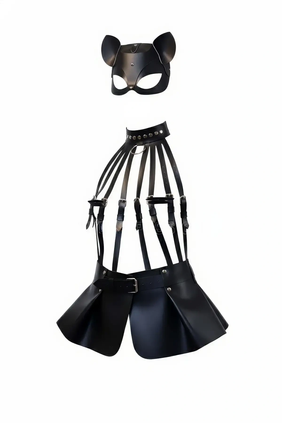 Siyah Etek Deri Harness Detaylı Etek Zımbalı Mini Etek - Brf1313