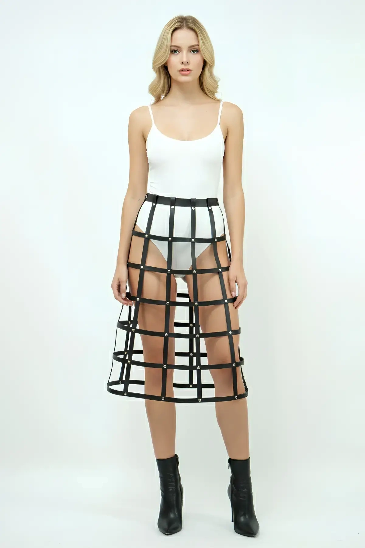 Siyah Etek Deri Şeritli Kafes Detaylı Etek Midi Boy Deri Etek - Brf1396