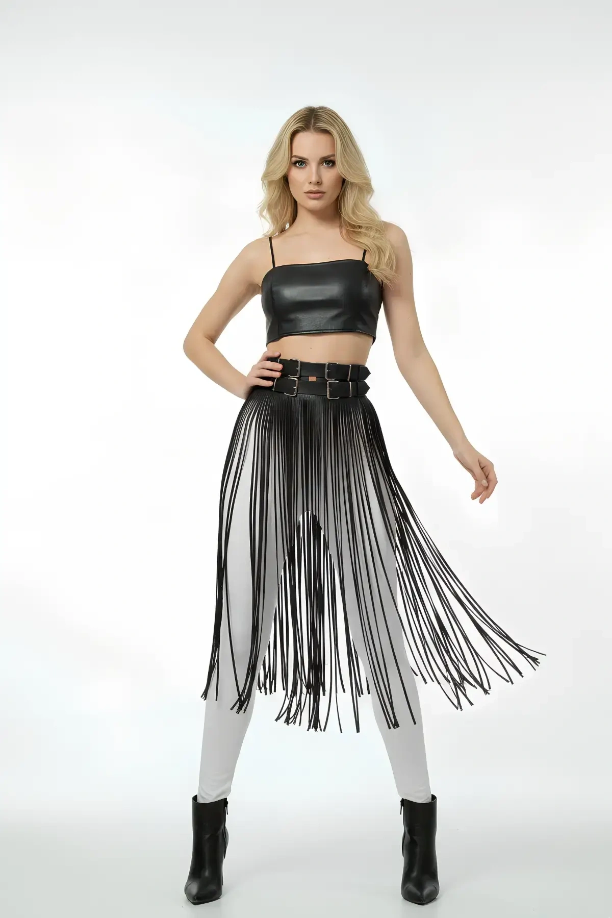 Siyah Etek Deri Yüksek Bel Etek Çift Tokalı Uzun - Brf1090