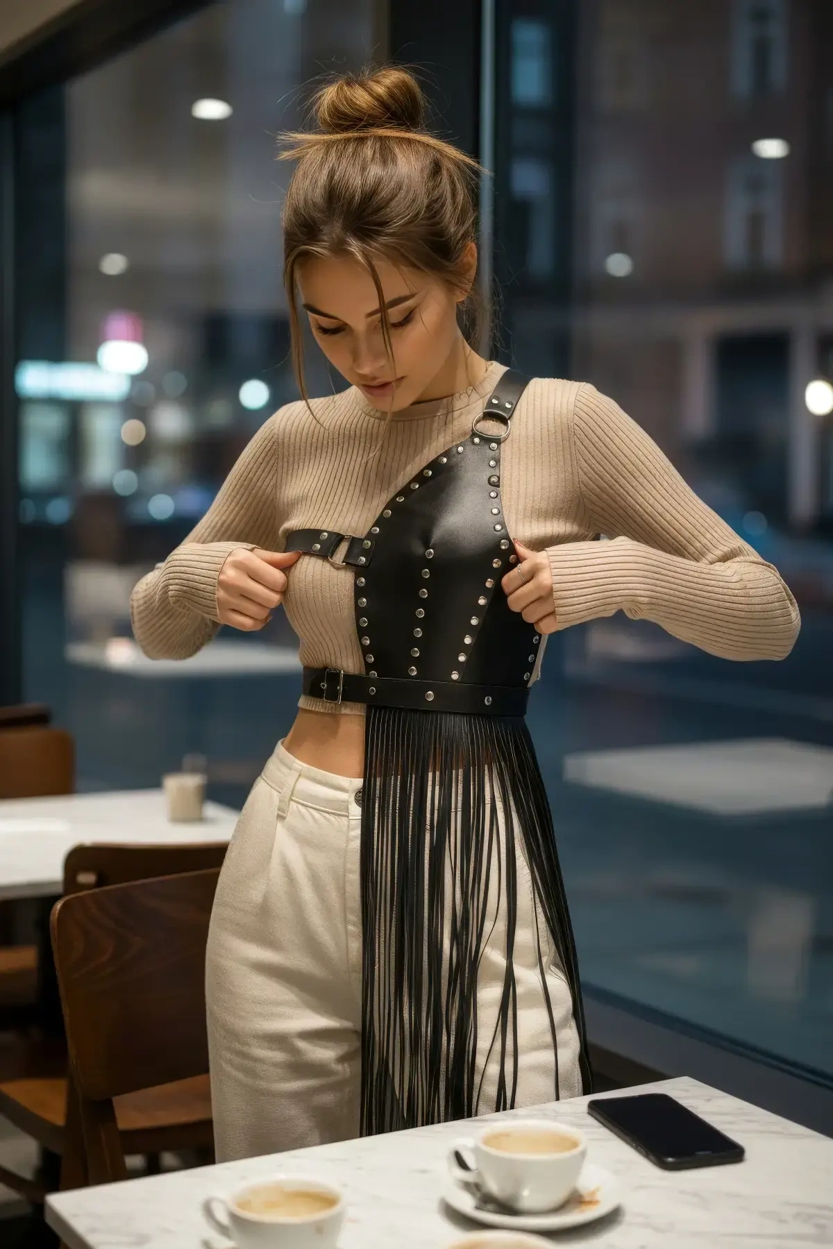 Siyah Etek Deri Zımbalı Asimetrik Püsküllü - Brf1014