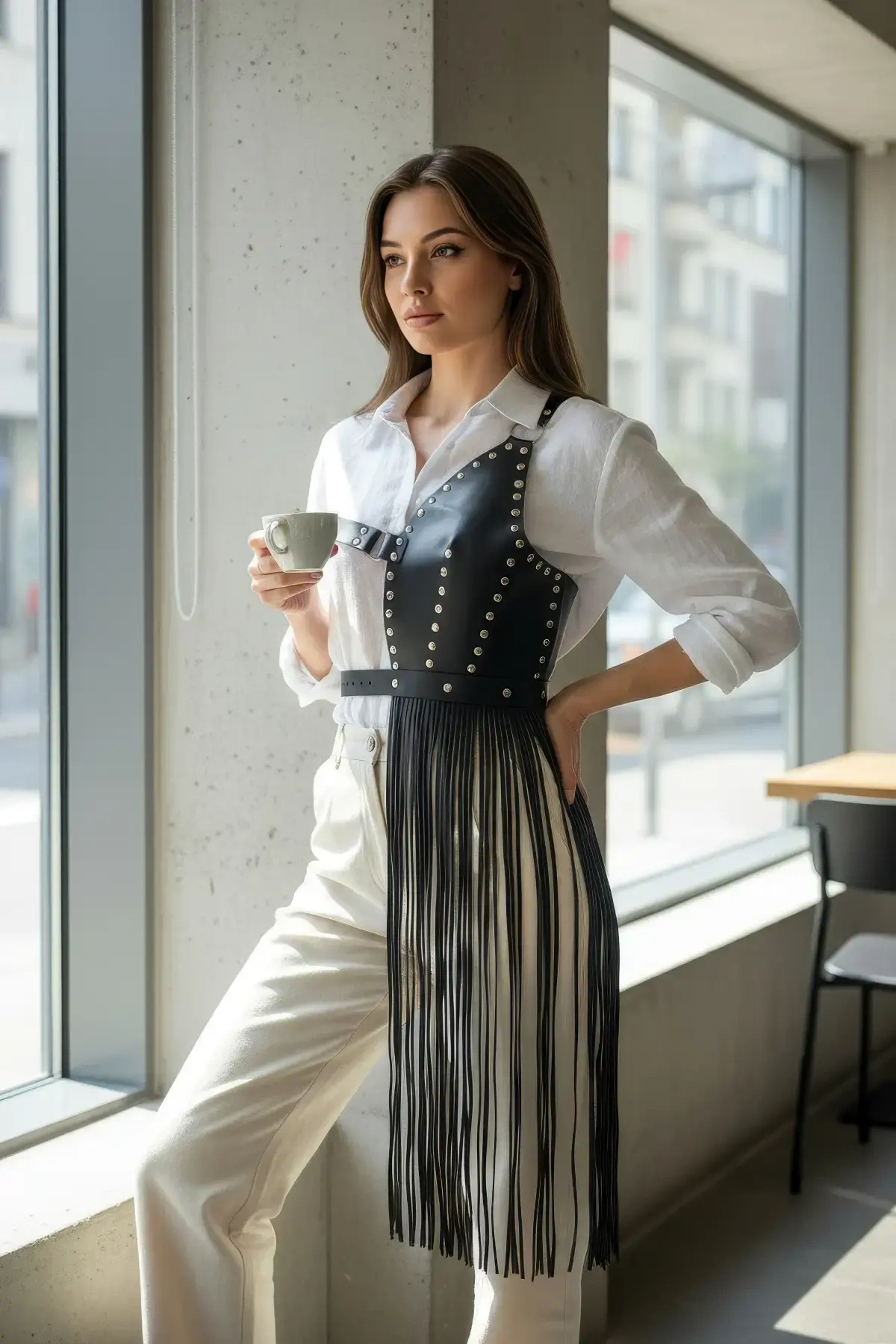 Siyah Etek Deri Zımbalı Asimetrik Püsküllü - Brf1014