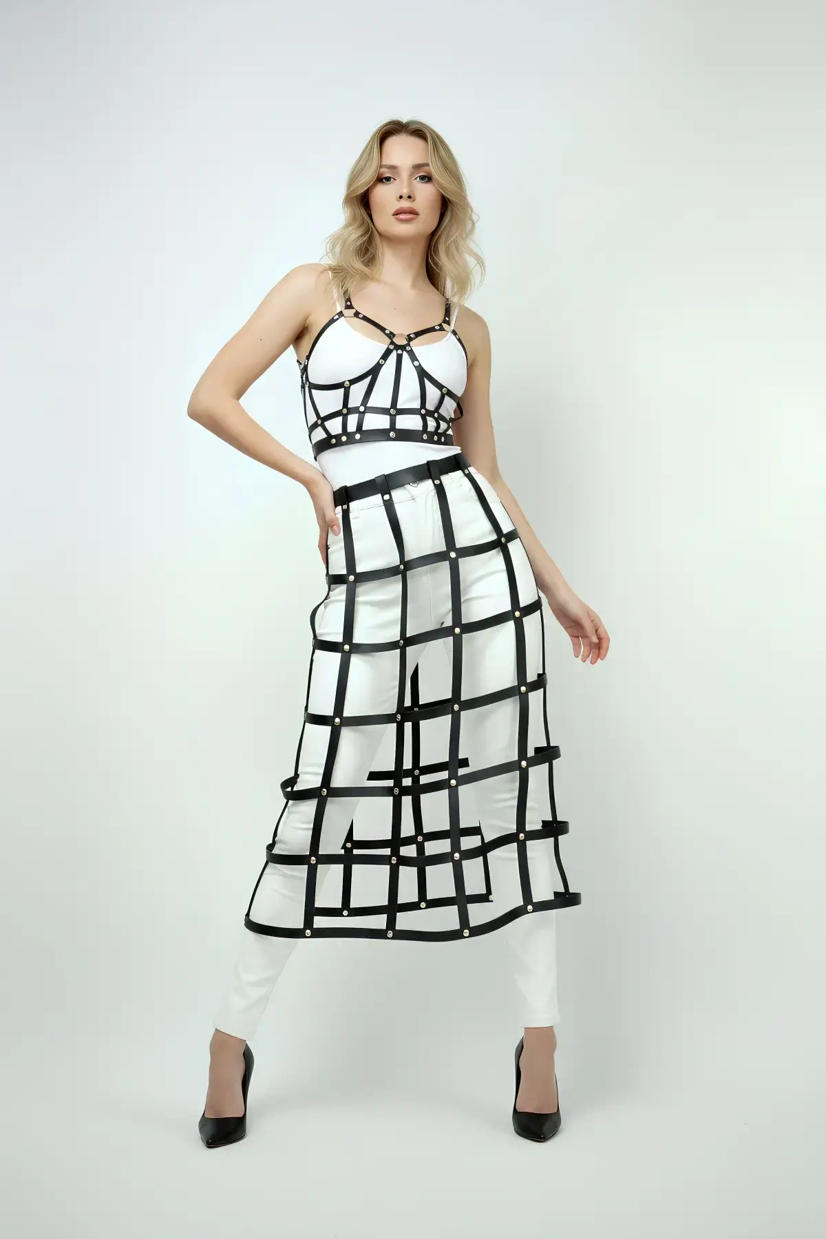 Siyah Etek Kafes Detaylı Etek Midi Boy Deri Etek - Brf1013