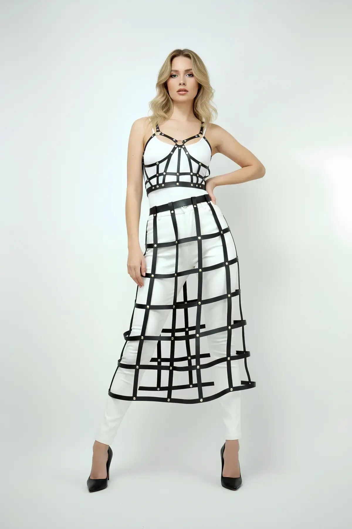 Siyah Etek Kafes Detaylı Etek Midi Boy Deri Etek - Brf1013