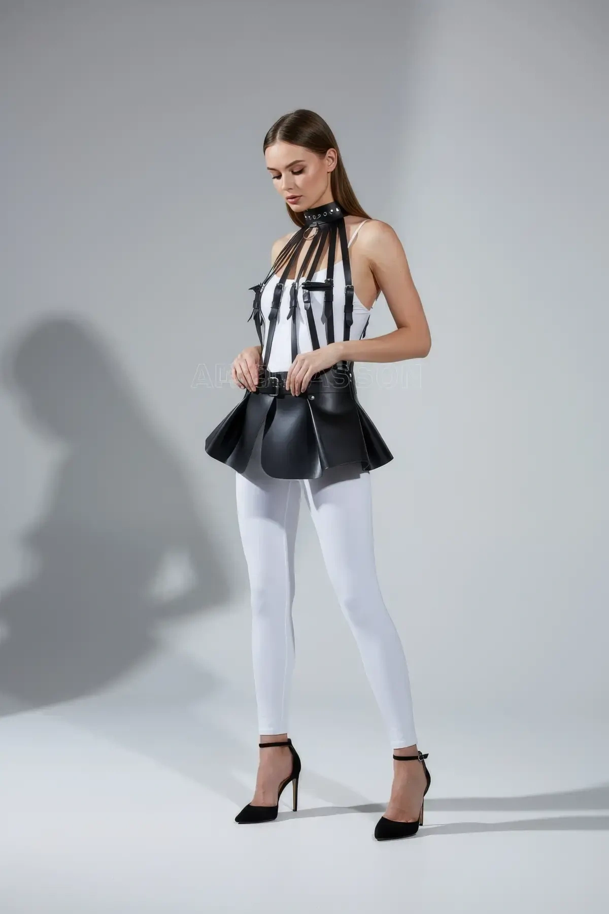 Siyah Etek Suni Deri Etek Peplum Kemer Detaylı Etek - Brf1313