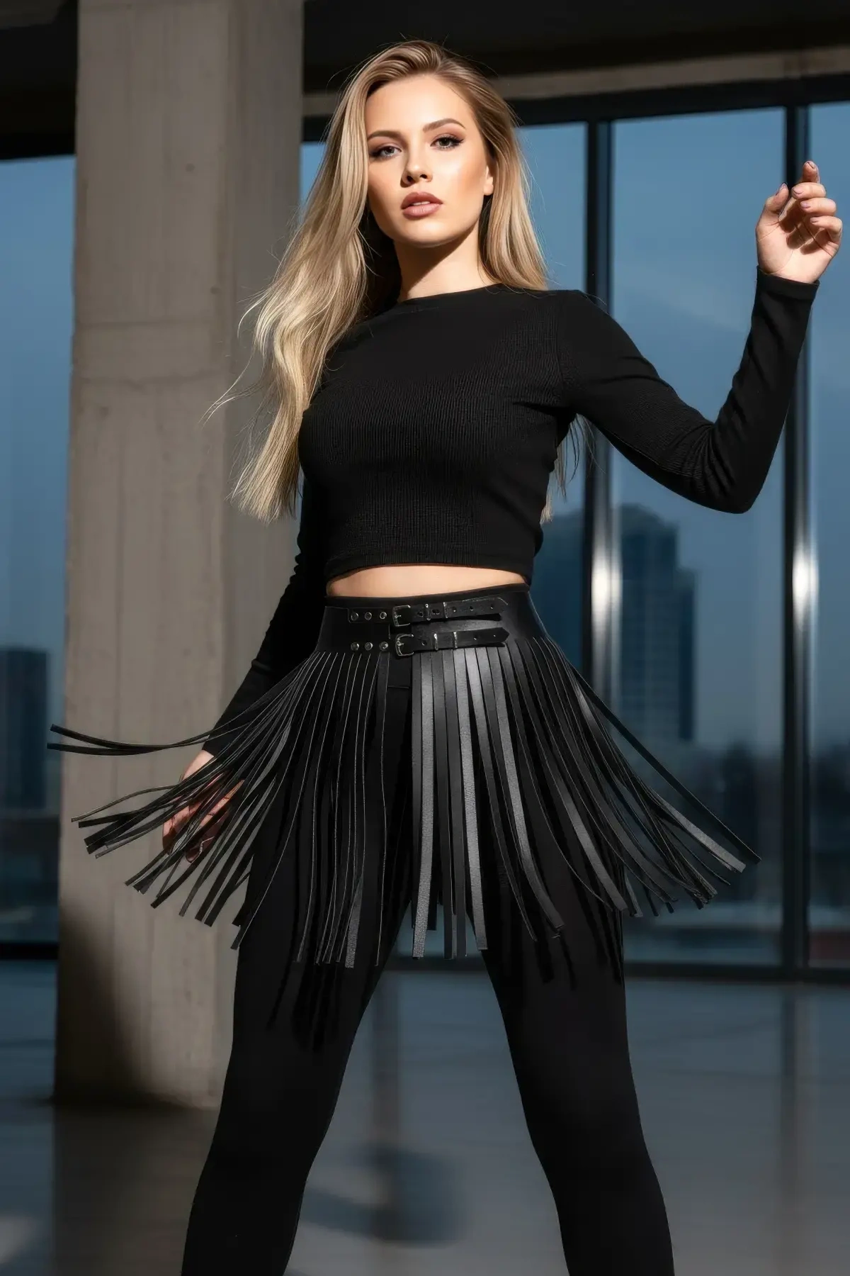 Siyah Etek Suni Deri Etek Püsküllü Mini Etek Boy - Brf1400