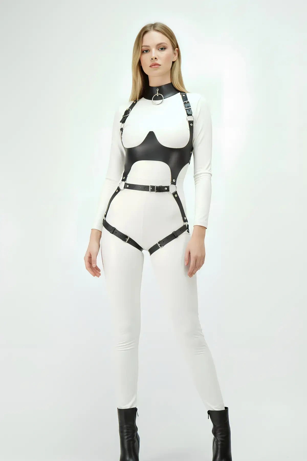 Siyah Göğüs Harness Deri Tokalı Vücut Korse - Brf1402