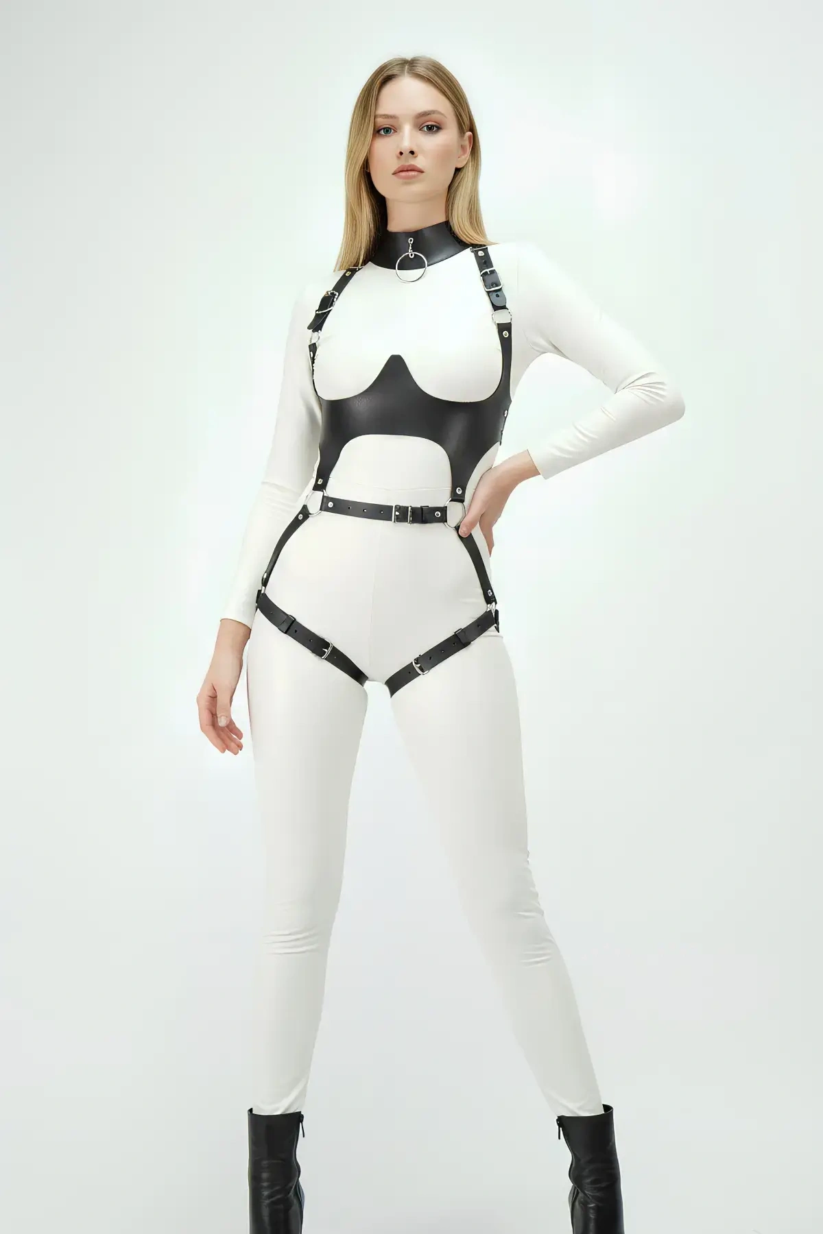 Siyah Göğüs Harness Deri Tokalı Vücut Korse - Brf1402