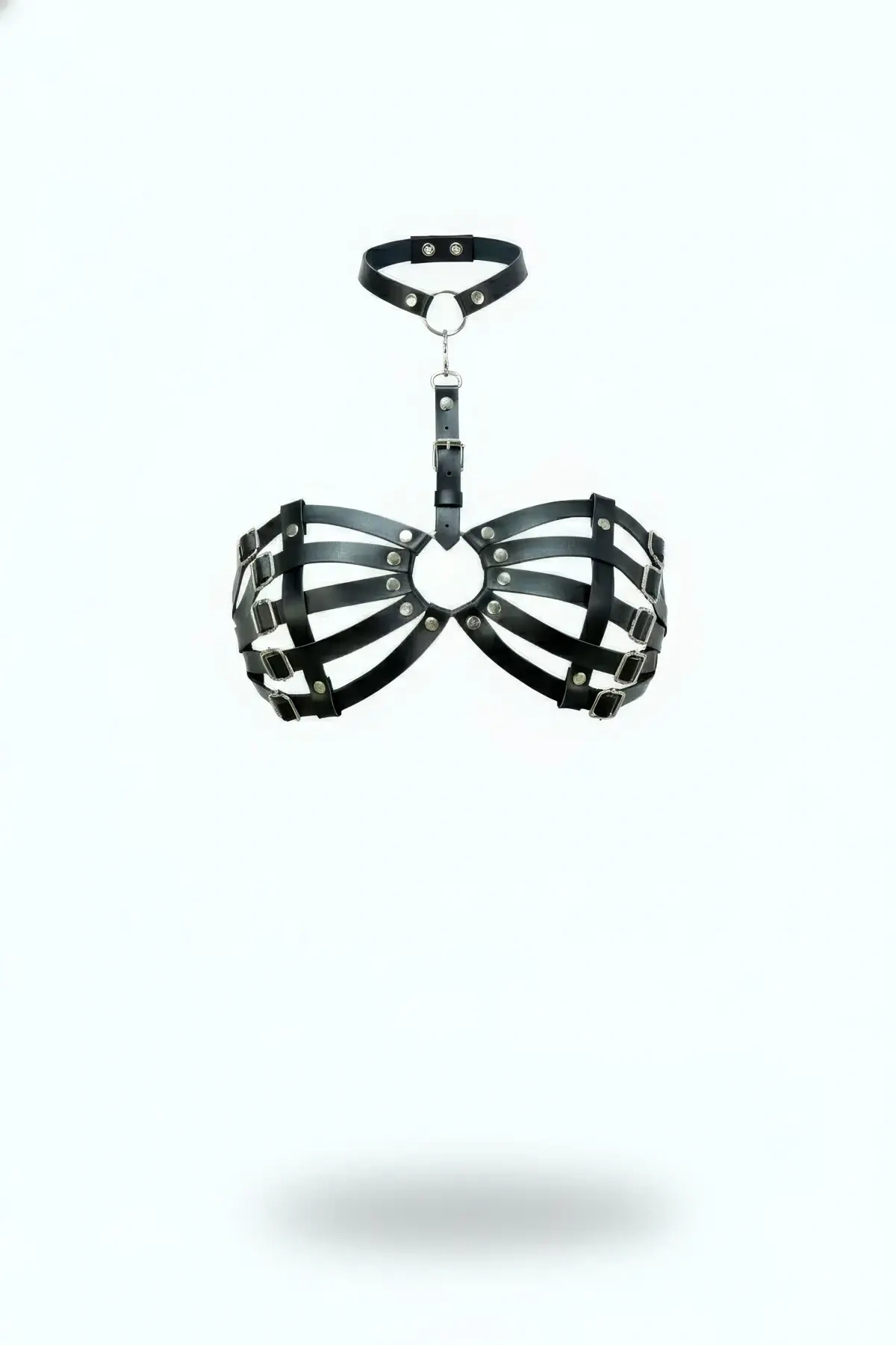 Siyah Göğüs Harness Yaka Detaylı Kafes Yapılı Deri - Brf1408