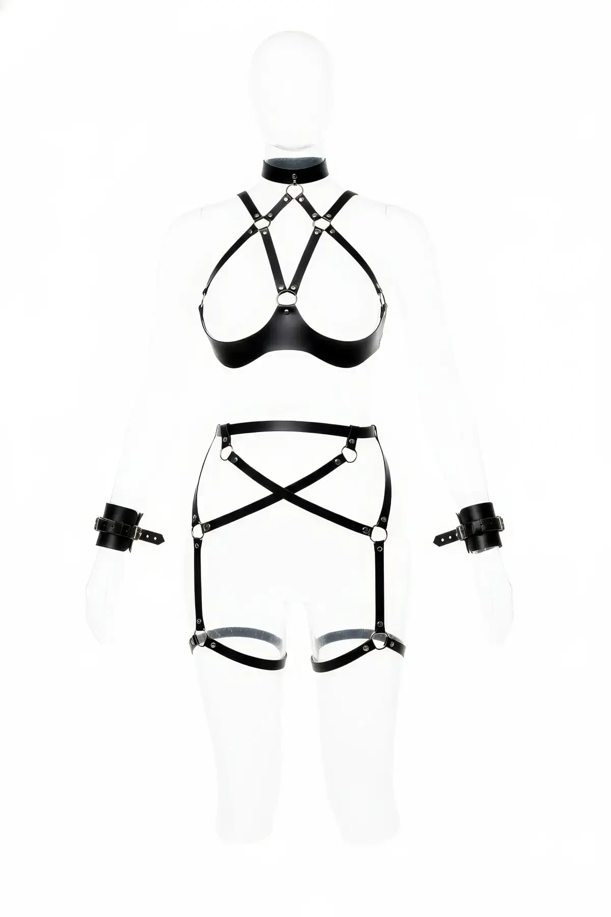 Siyah Harness Takım Deri Jartiyerli Boyunluk Detaylı - Brf1189