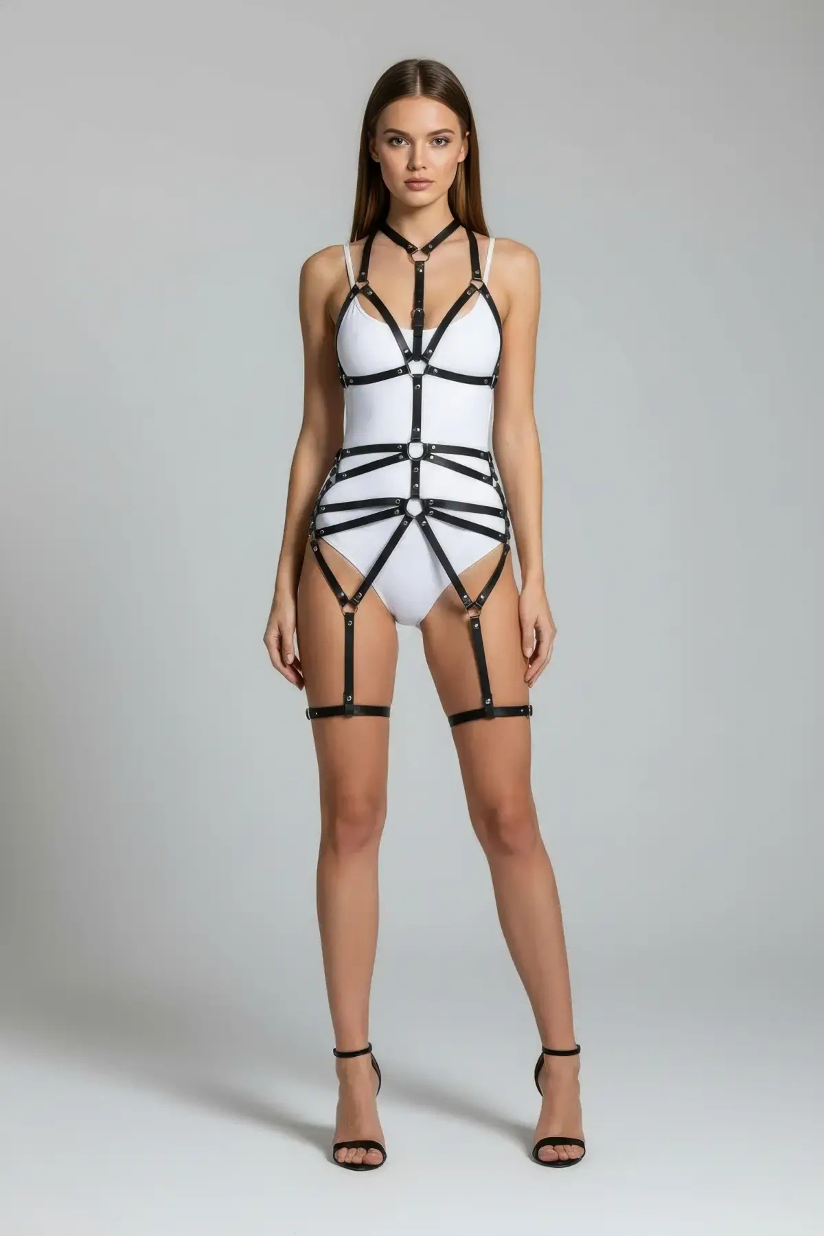 Siyah Harness Takım Metal Halka Detaylı Vücut Aksesuarı - Brf121