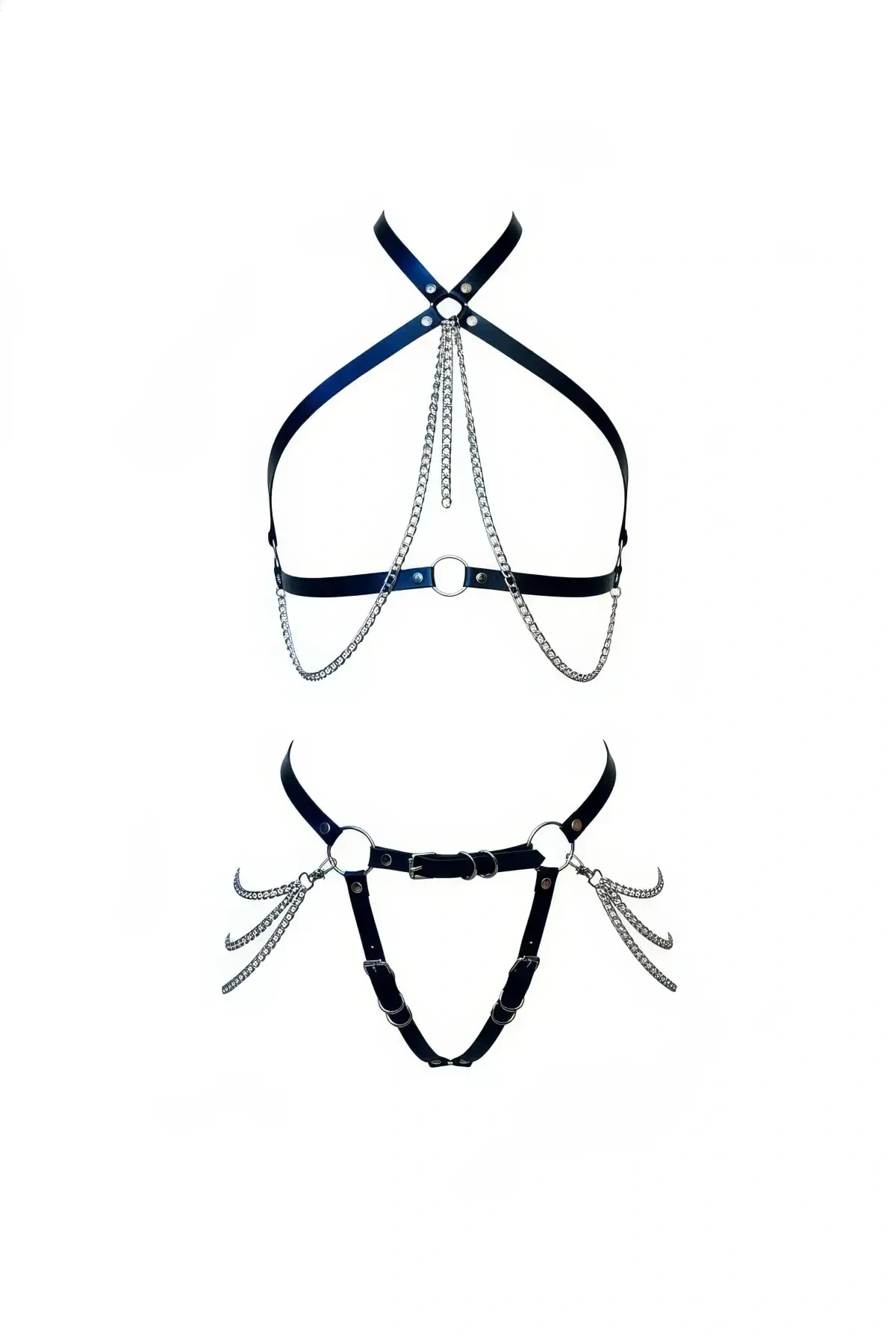 Siyah Harness Takım Zincir Detaylı Deri Vücut Kemeri - Brf1084